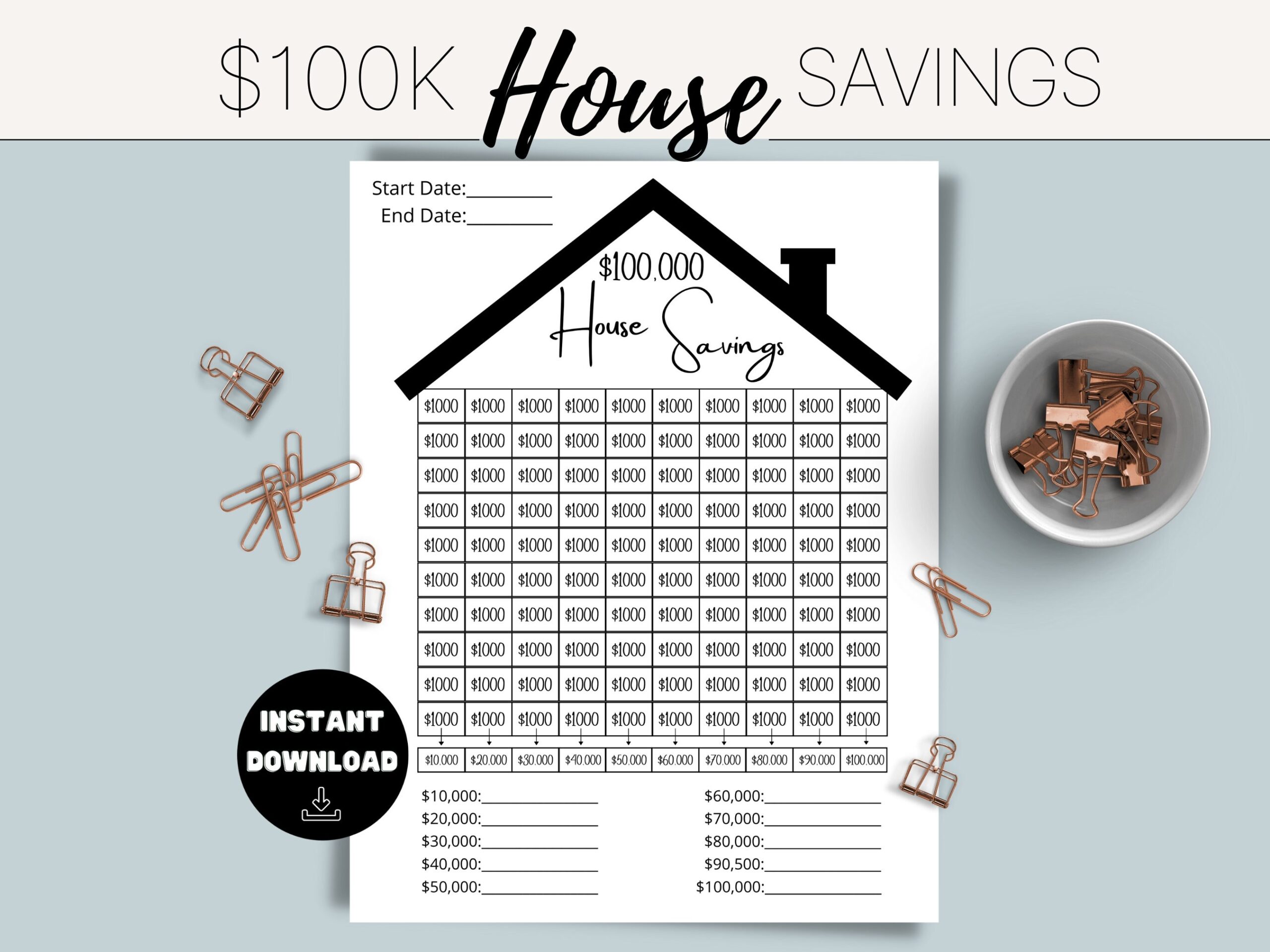 100k House Savings Challenge Tracker Template Printable Savings 