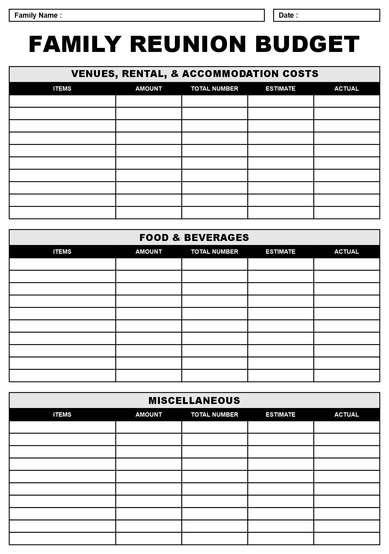 Family Reunion Budget Worksheet Template
