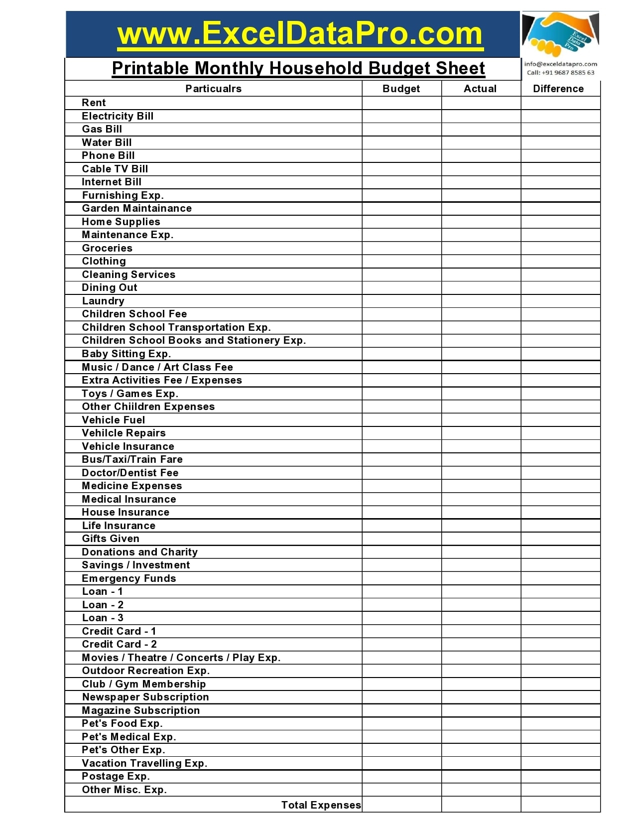 Household Budget Template Printable