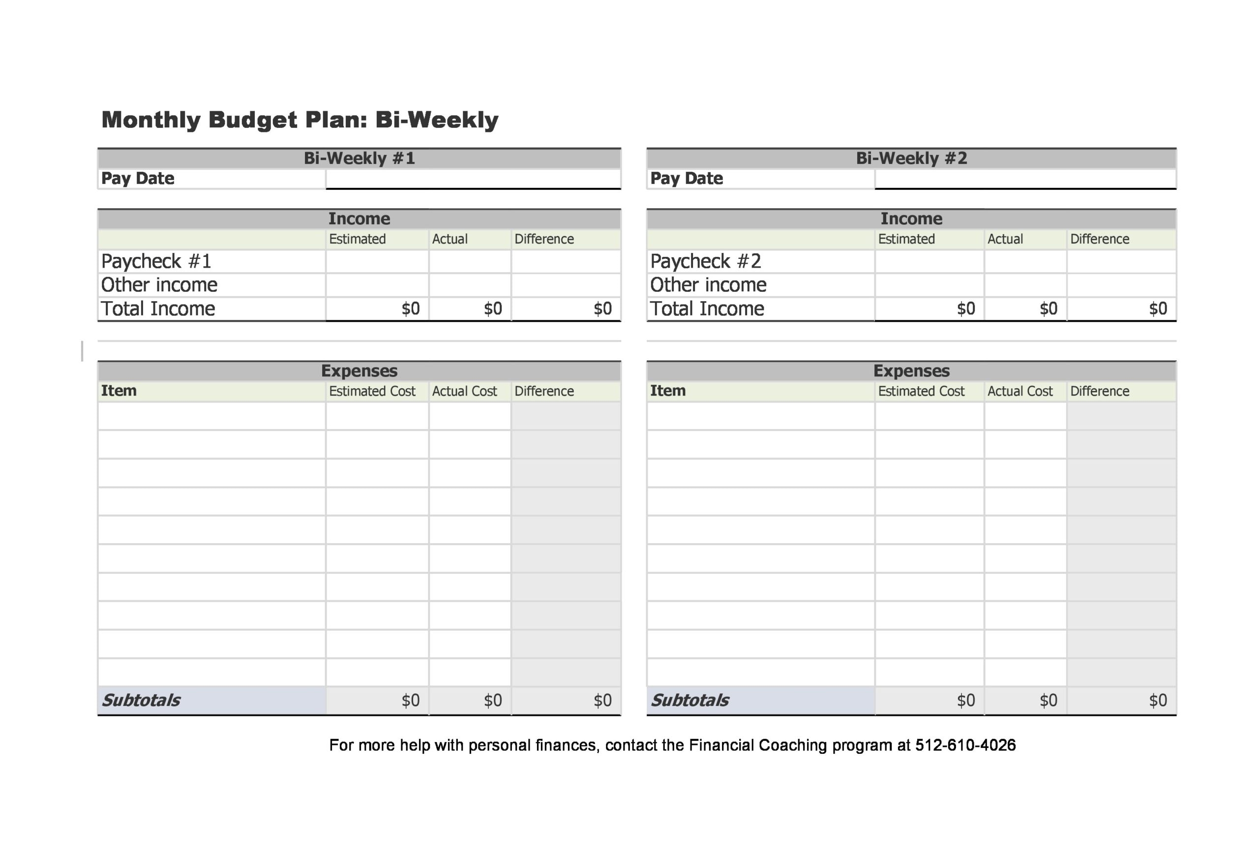 Bi Weekly Budget Spreadsheet Template