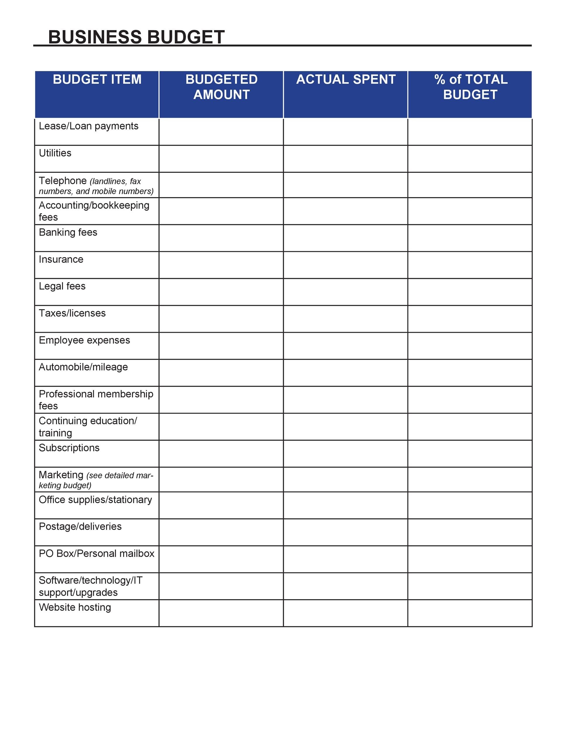 Printable Business Budget Template