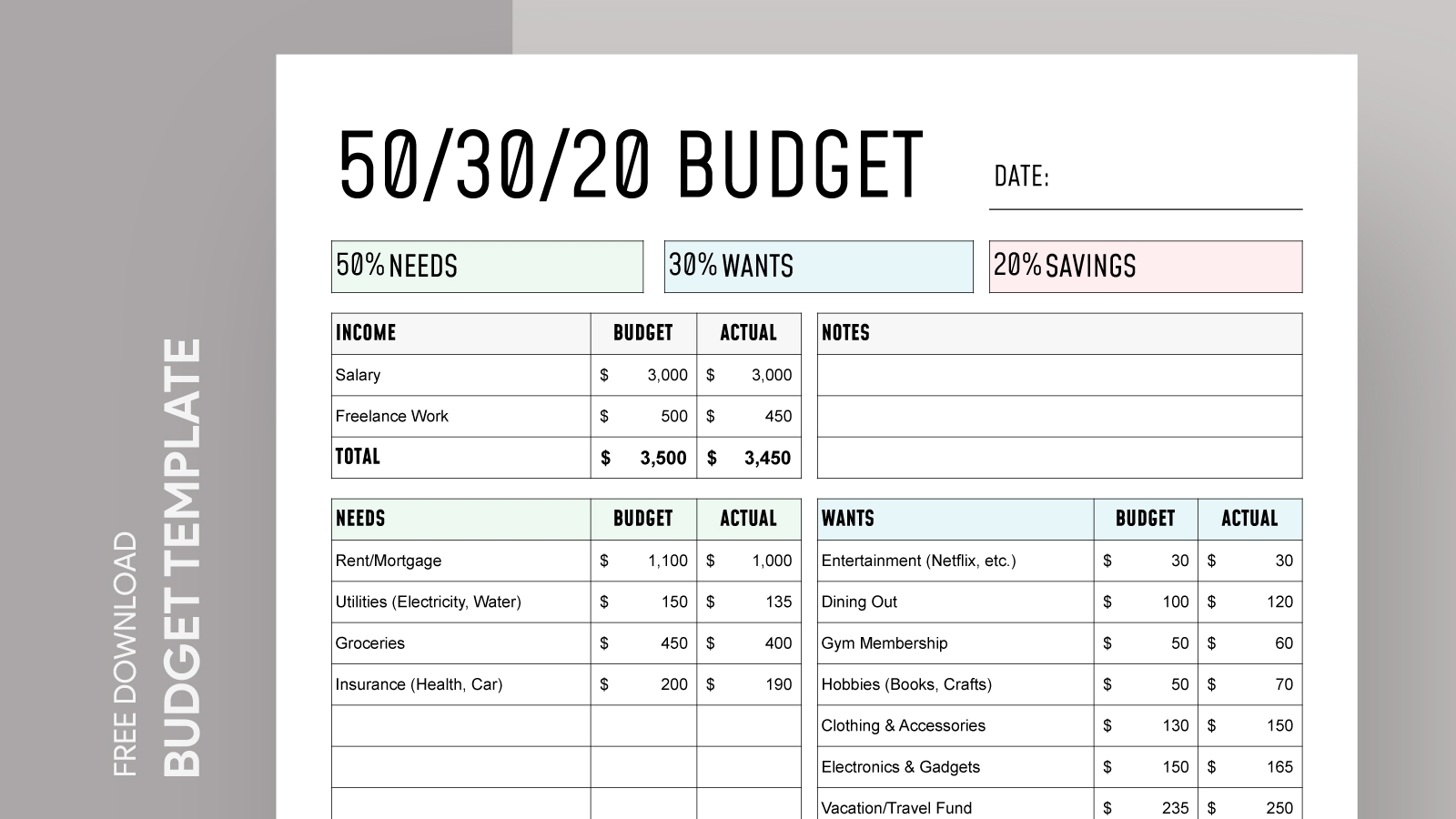 50/30/20 Budget Template Sheets