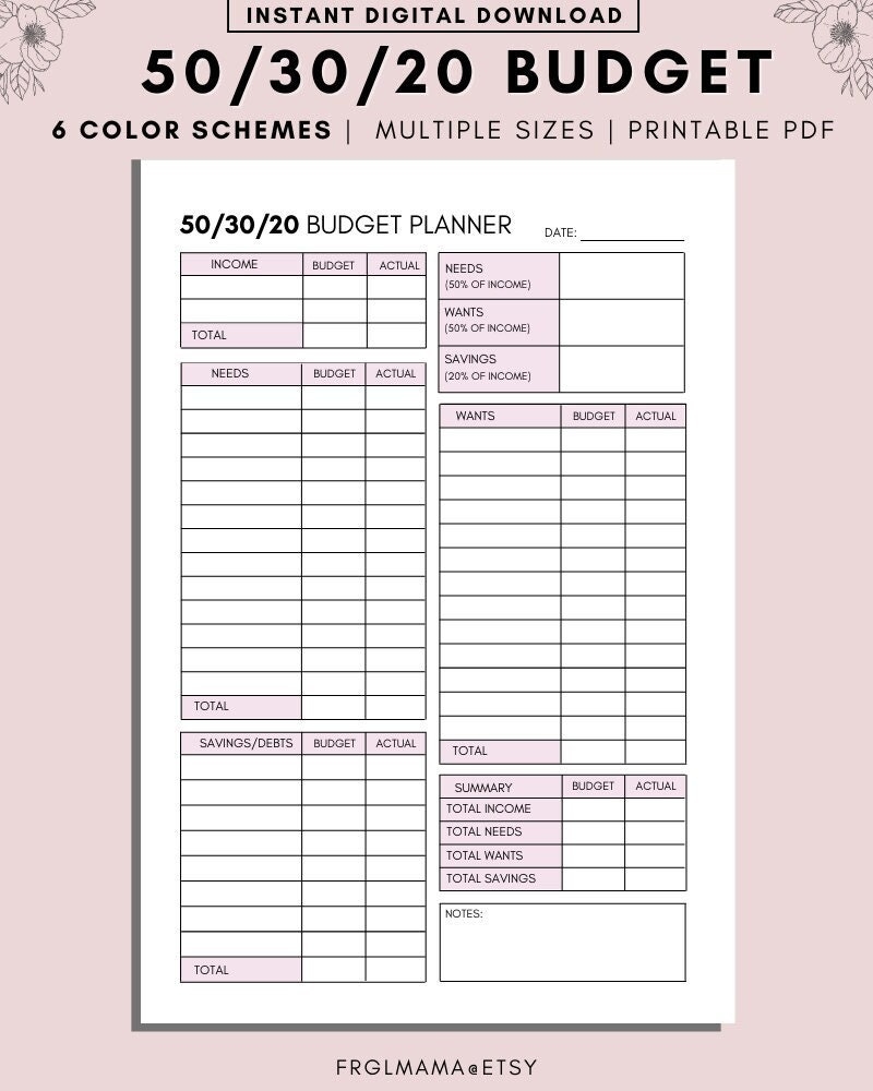 50 30 20 Budget Overview Template Printable Monthly Budget Planner 50 30 20 Rule Income U0026 Expense Money Management Worksheet Cash Flow Etsy