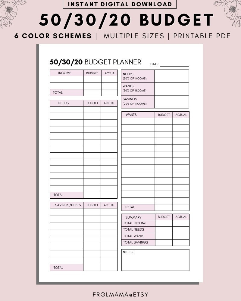 50 30 20 Budget Overview Template Printable Monthly Budget Planner 50 30 20 Rule Income U0026 Expense Money Management Worksheet Cash Flow Etsy Australia