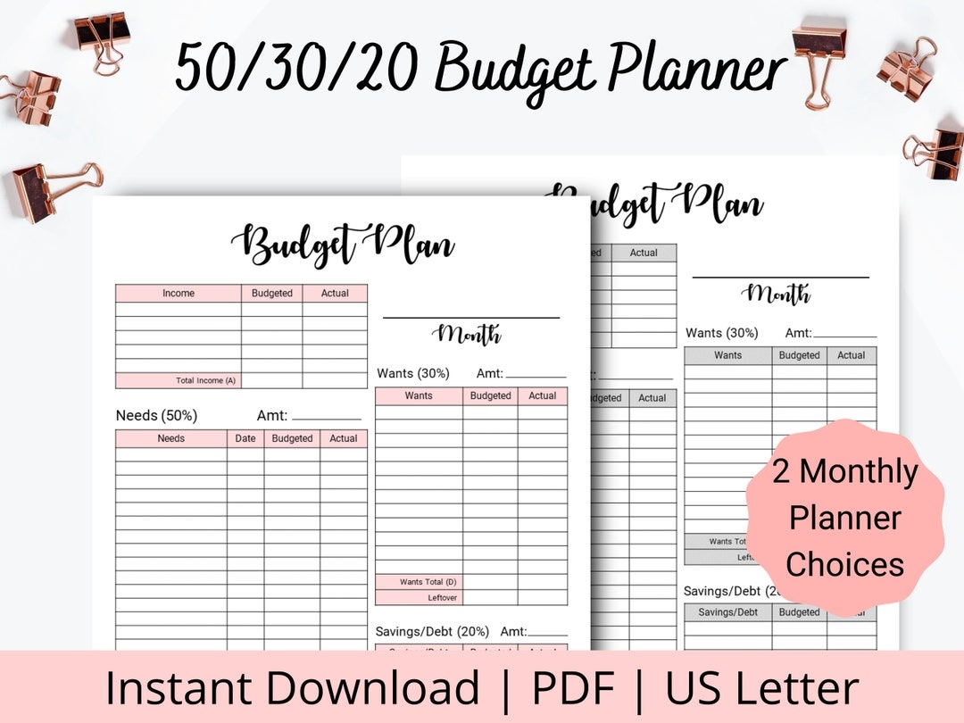 50 30 20 Budget Printable 50 30 20 Budget Easy Monthly Budget Tracker Monthly Budget Template Printable Budget Worksheet US Letter Etsy