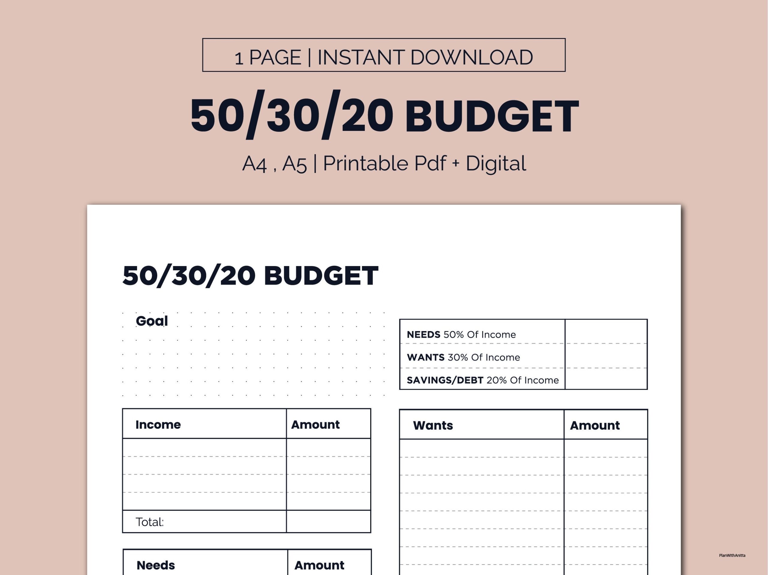 50 30 20 Budget Template Printable Monthly Budget Planner 50 30 20 Rule Income U0026 Expense Money Management Worksheet Cash Flow Etsy
