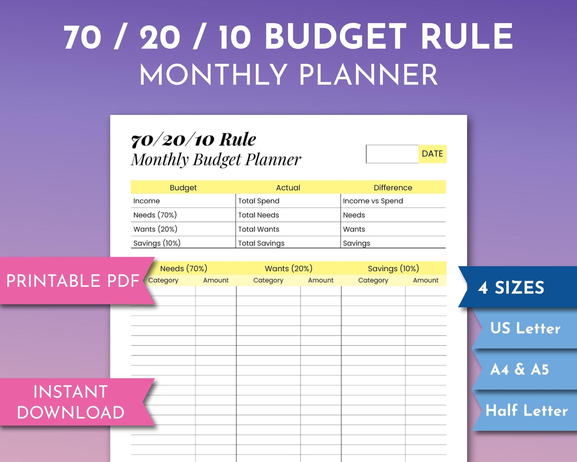 70 20 10 Budget Rule Personal Budgeting Planner Dashboard Printable Finance Tracker PDF Yellow Wealth Building Worksheet Expense Savings Etsy