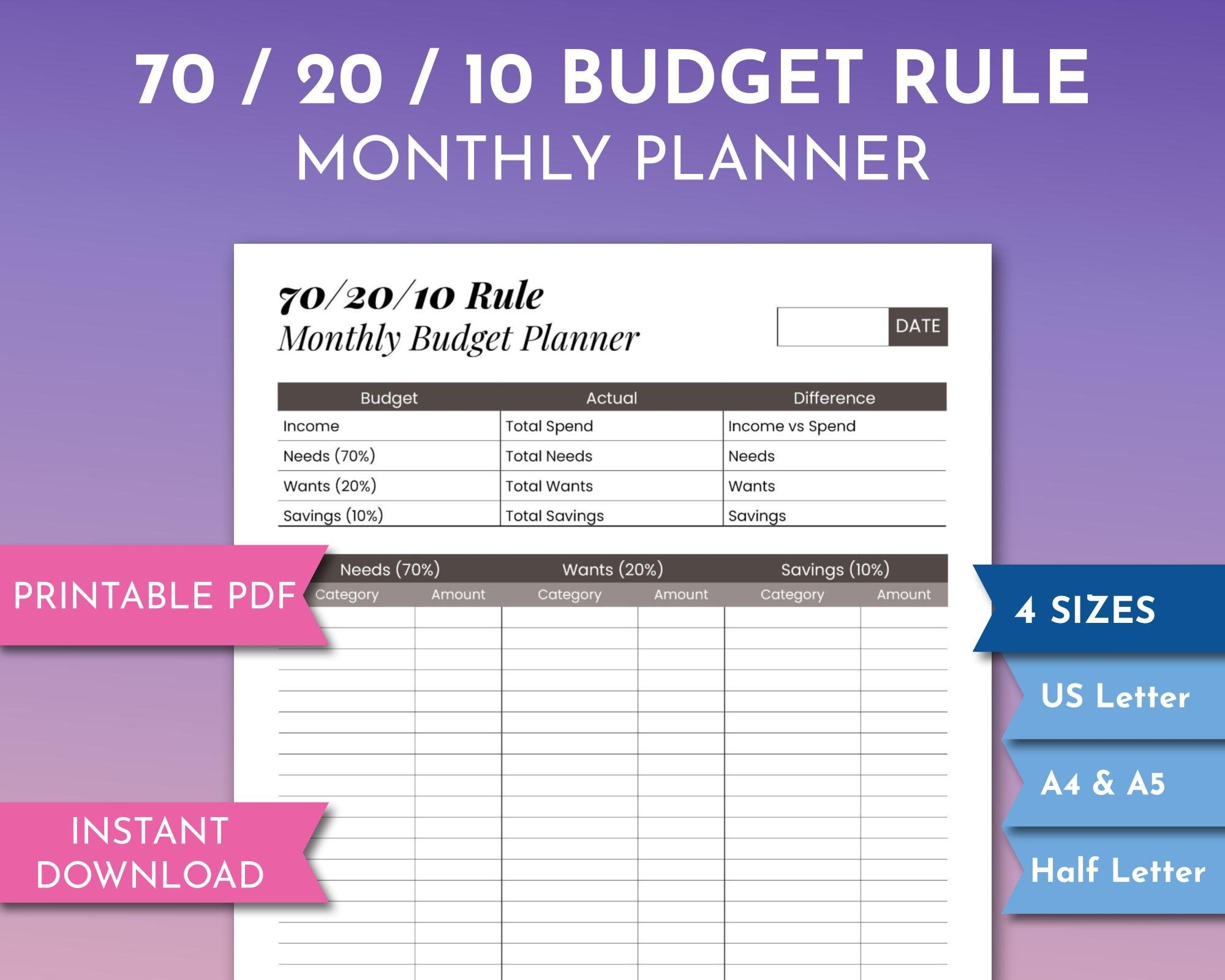 70 20 10 Budgeting Rule Planner Worksheet Printable Personal Finance PDF Minimalist Income Savings Tracker Gray Monthly Budget Template Etsy