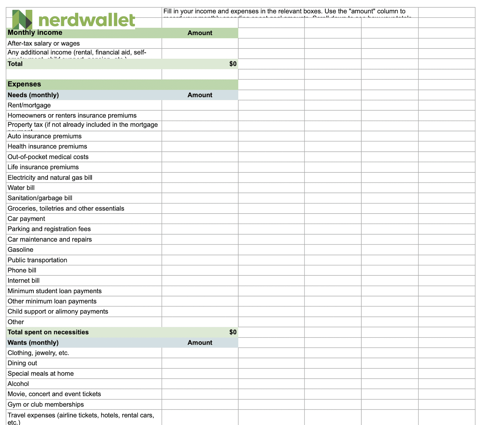 Nerdwallet Budget Template