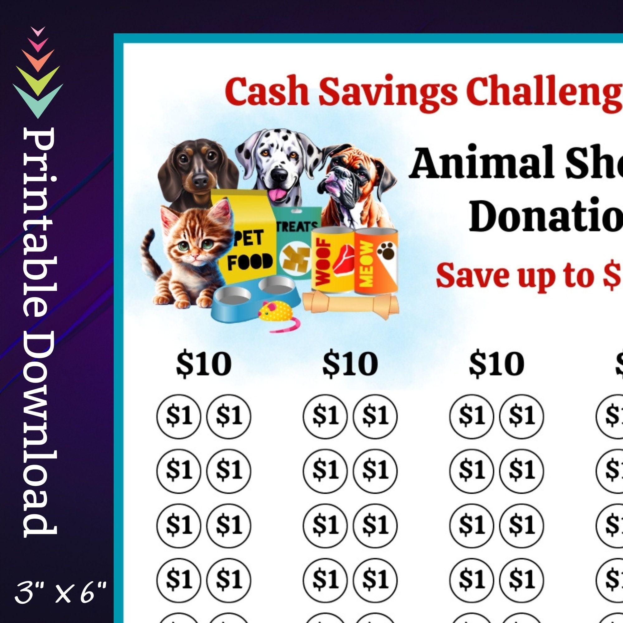 A6 Animal Shelter Donation Savings Challenge Printable For Dog Cat Rescue Supplies Money Saving Sinking Fund For Paycheck Budget Tracker