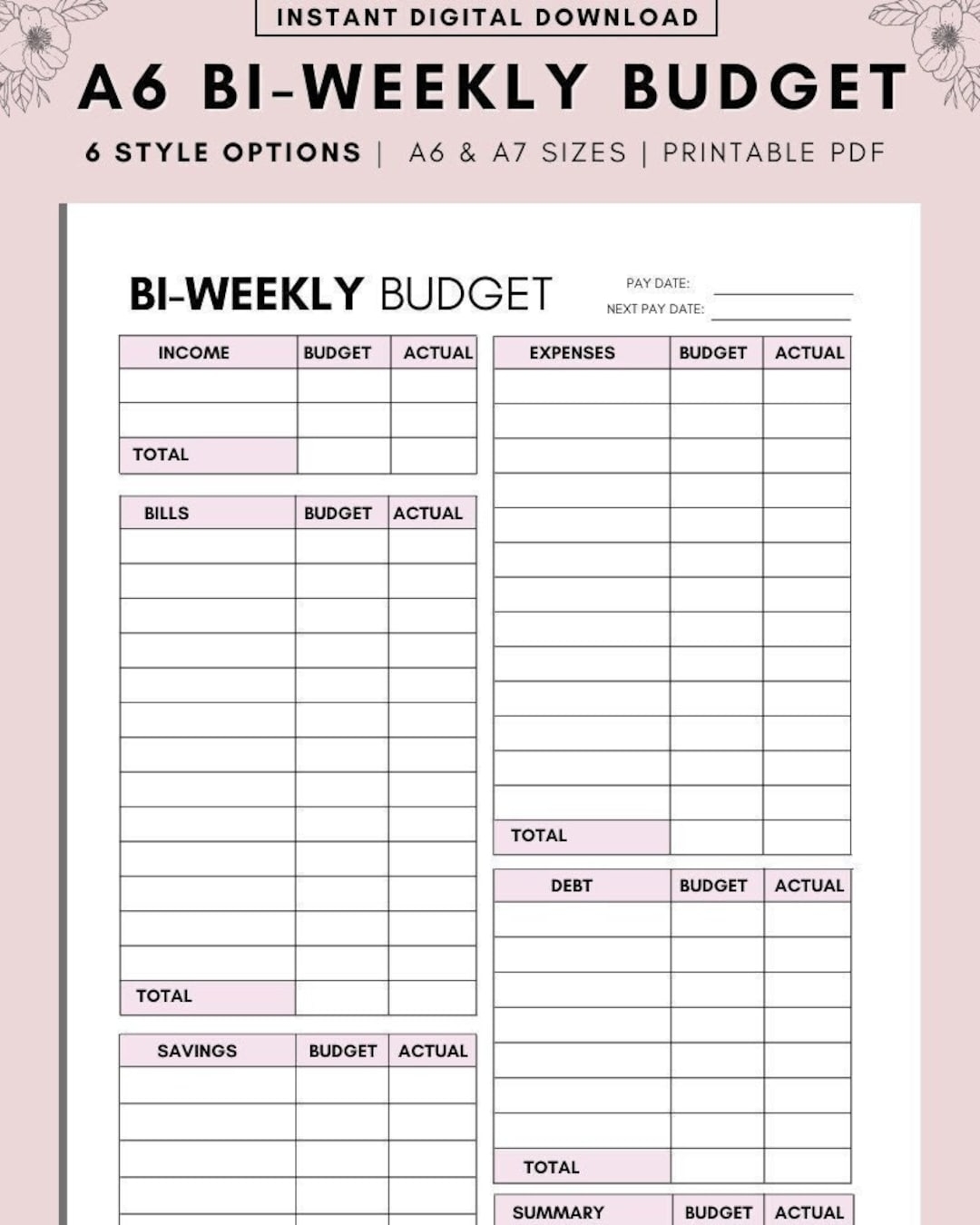 A6 PDF BI WEEKLY Budget Overview Template Printable Paycheck 
