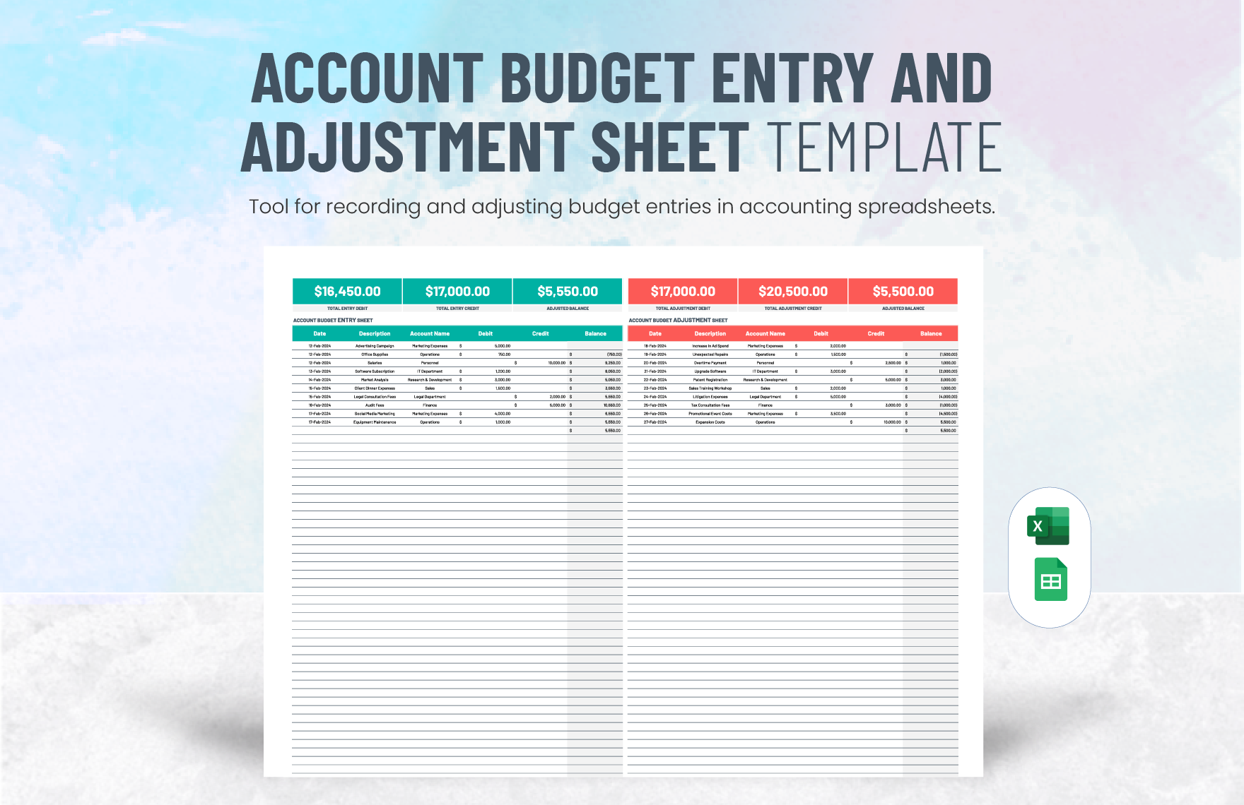 Account Budget Entry And Adjustment Sheet Template In Excel Google Sheets Download Template