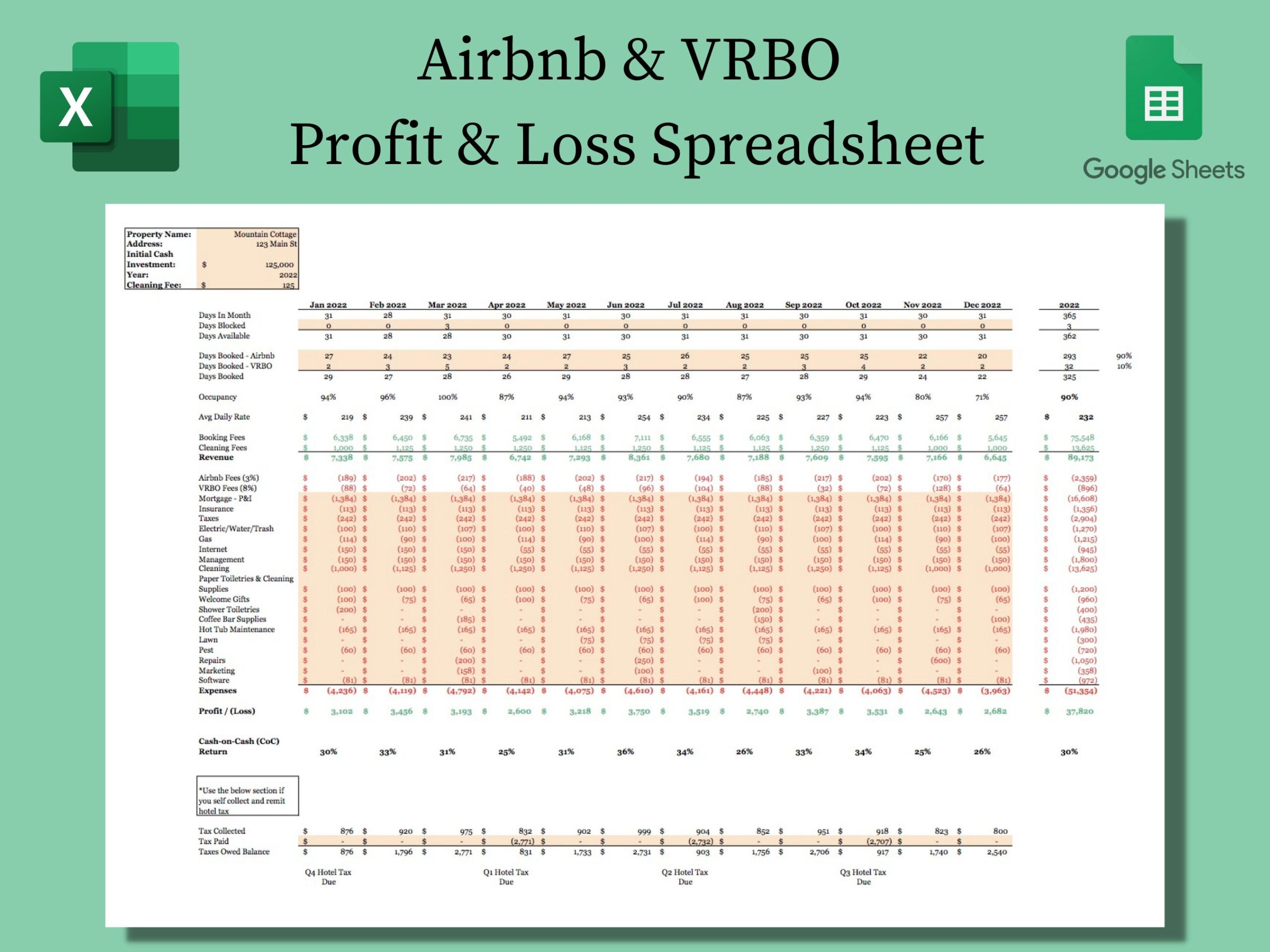 Airbnb U0026 VRBO Income And Expense Tracker Spreadsheet Excel And 
