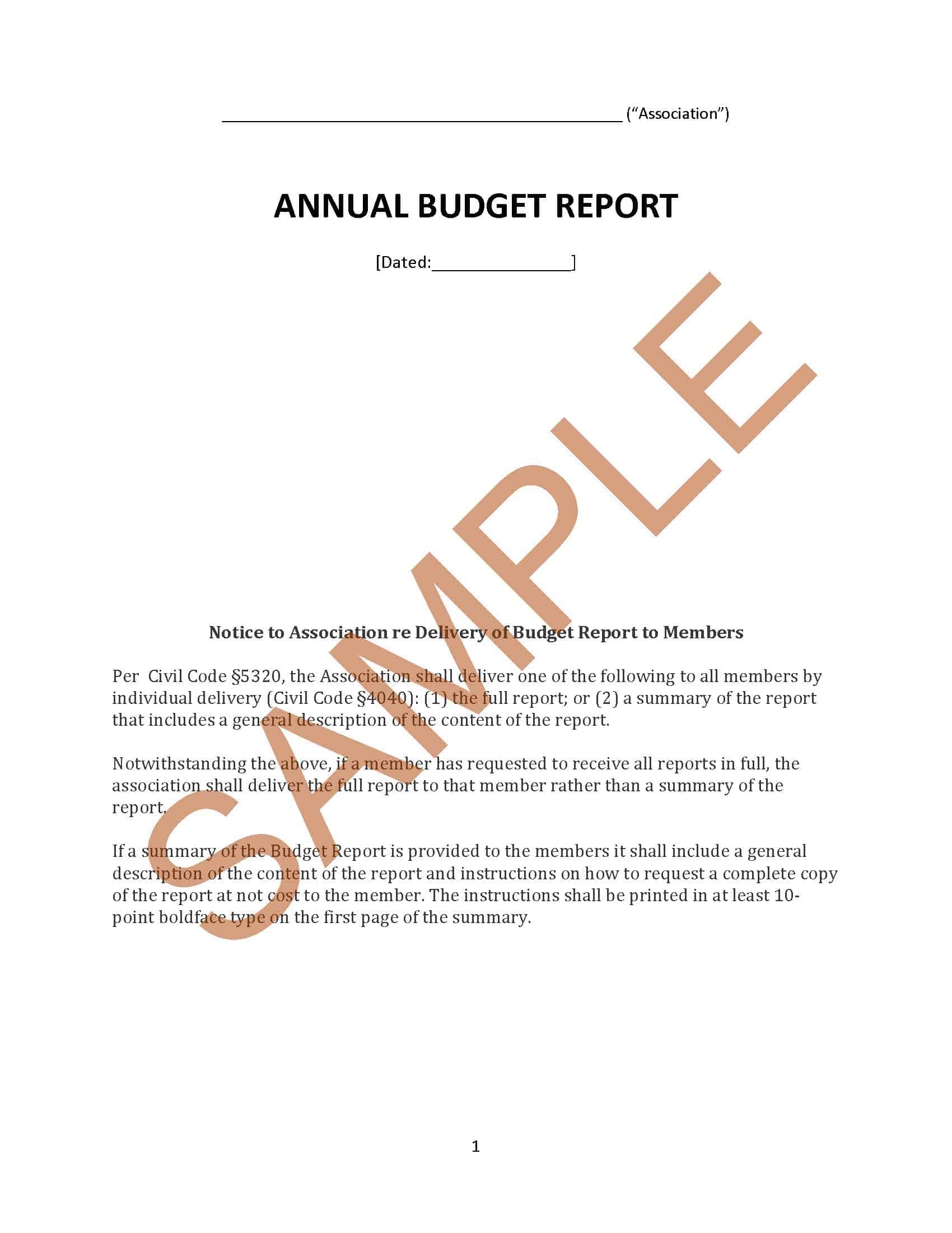 ANNUAL BUDGET REPORT FORMAT HOA Member Services