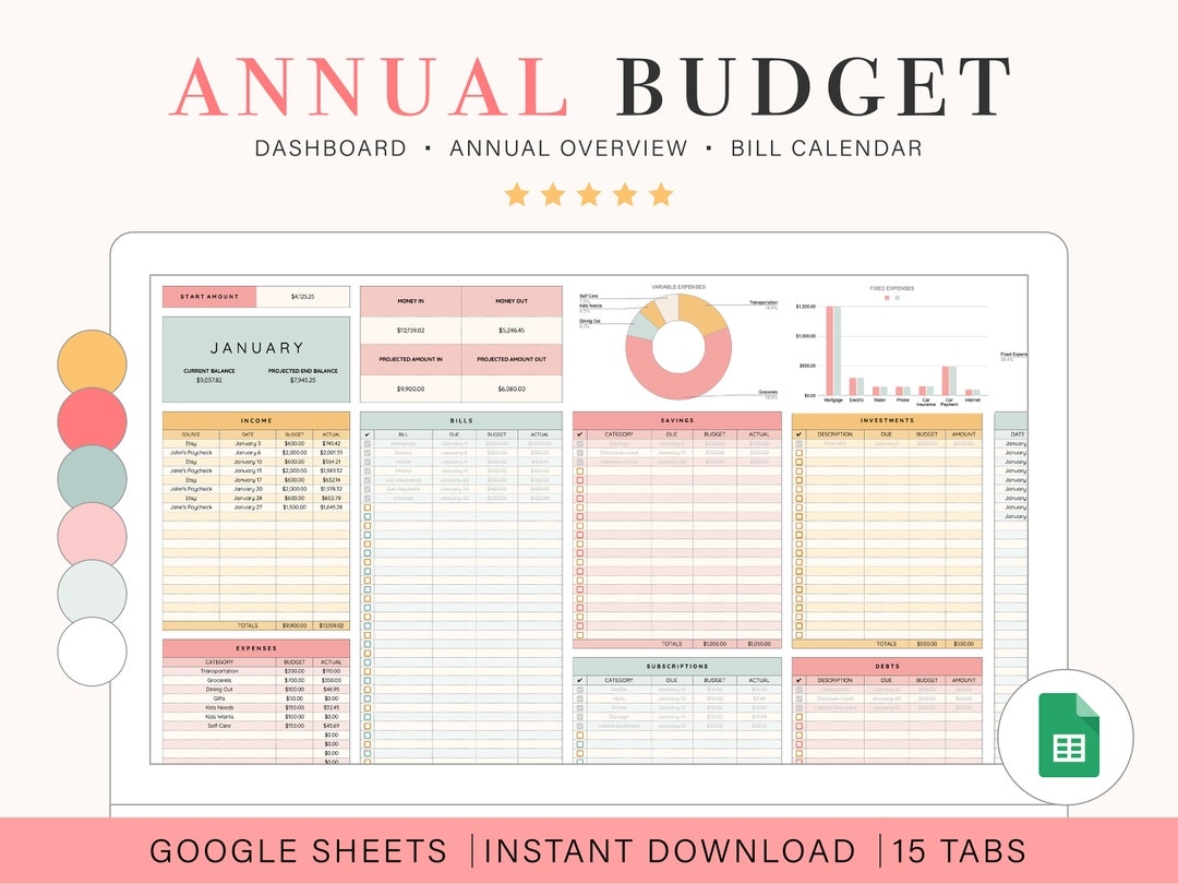 Annual Budget Spreadsheet For Google Sheets Spending Tracker Bill Tracker Google Sheets Yearly Budget Planner For Digital Budget Etsy