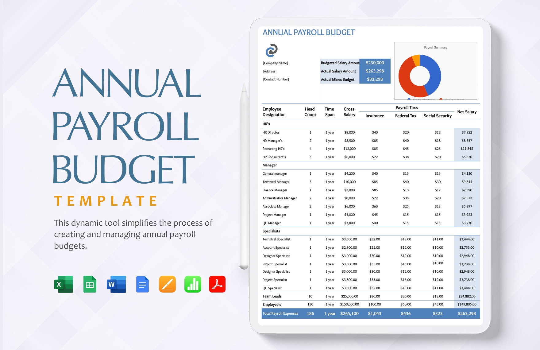 Annual Payroll Budget Template In Excel Word Google Docs Google Sheets Pages Apple Numbers PDF Download Template