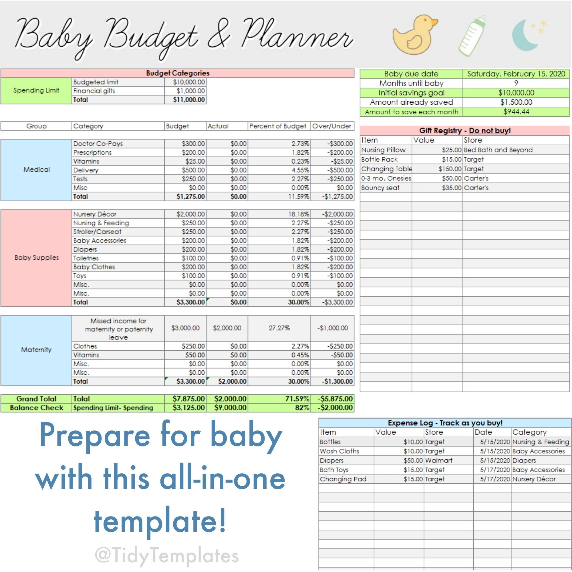Baby Budget Excel Template Baby Expense Planning Spreadsheet Pregnancy Planner