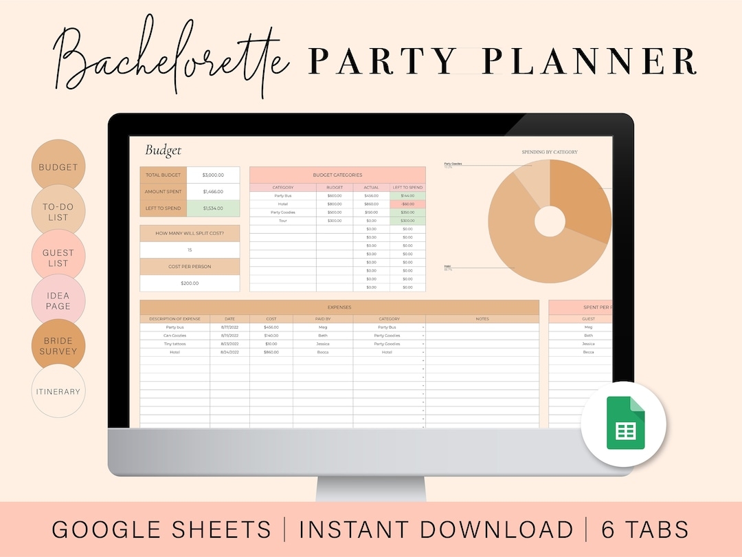 Bachelorette Party Planning Spreadsheet Bachelorette Trip Planner Google Sheets Spreadsheet Template Etsy