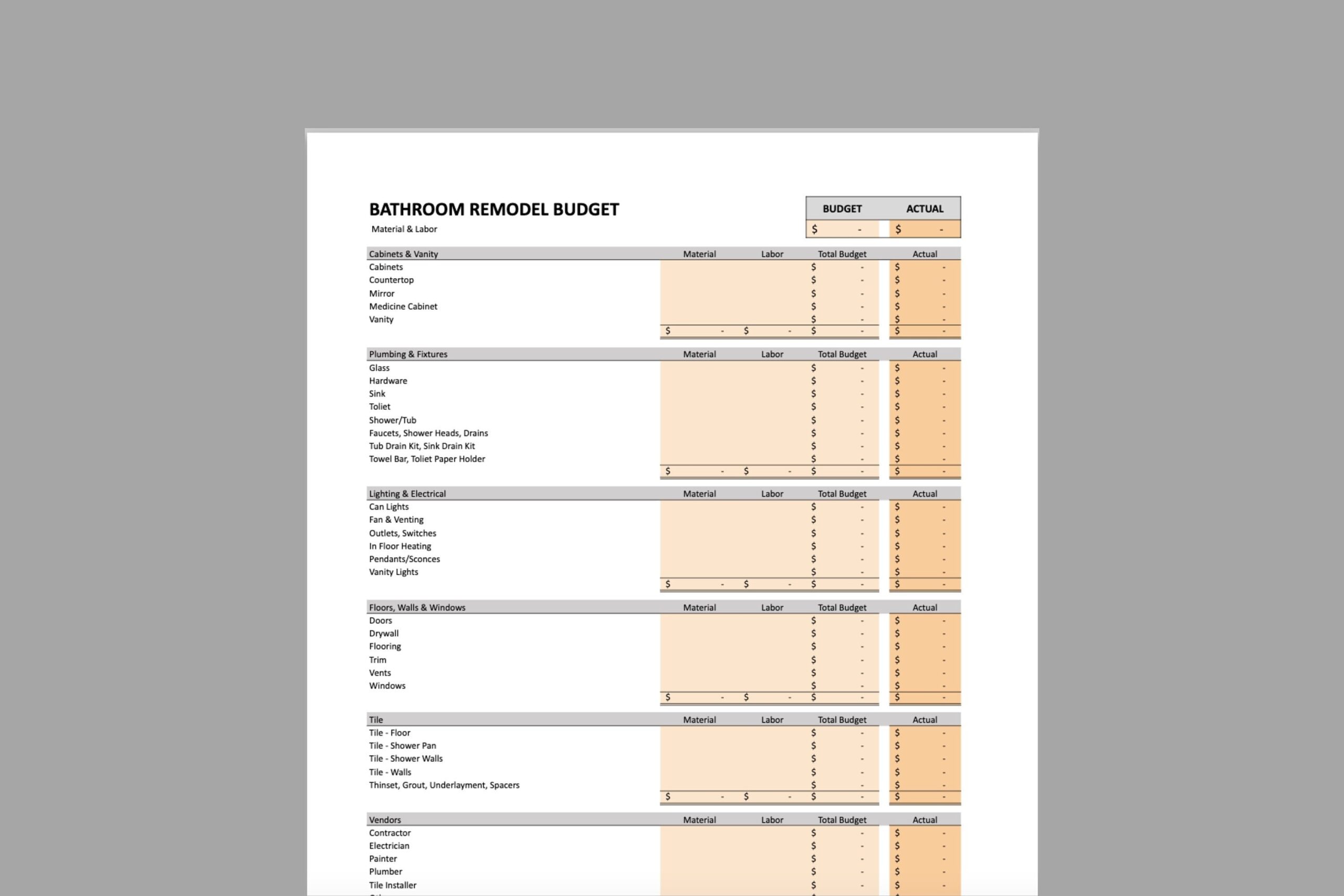 Bathroom Budget Template