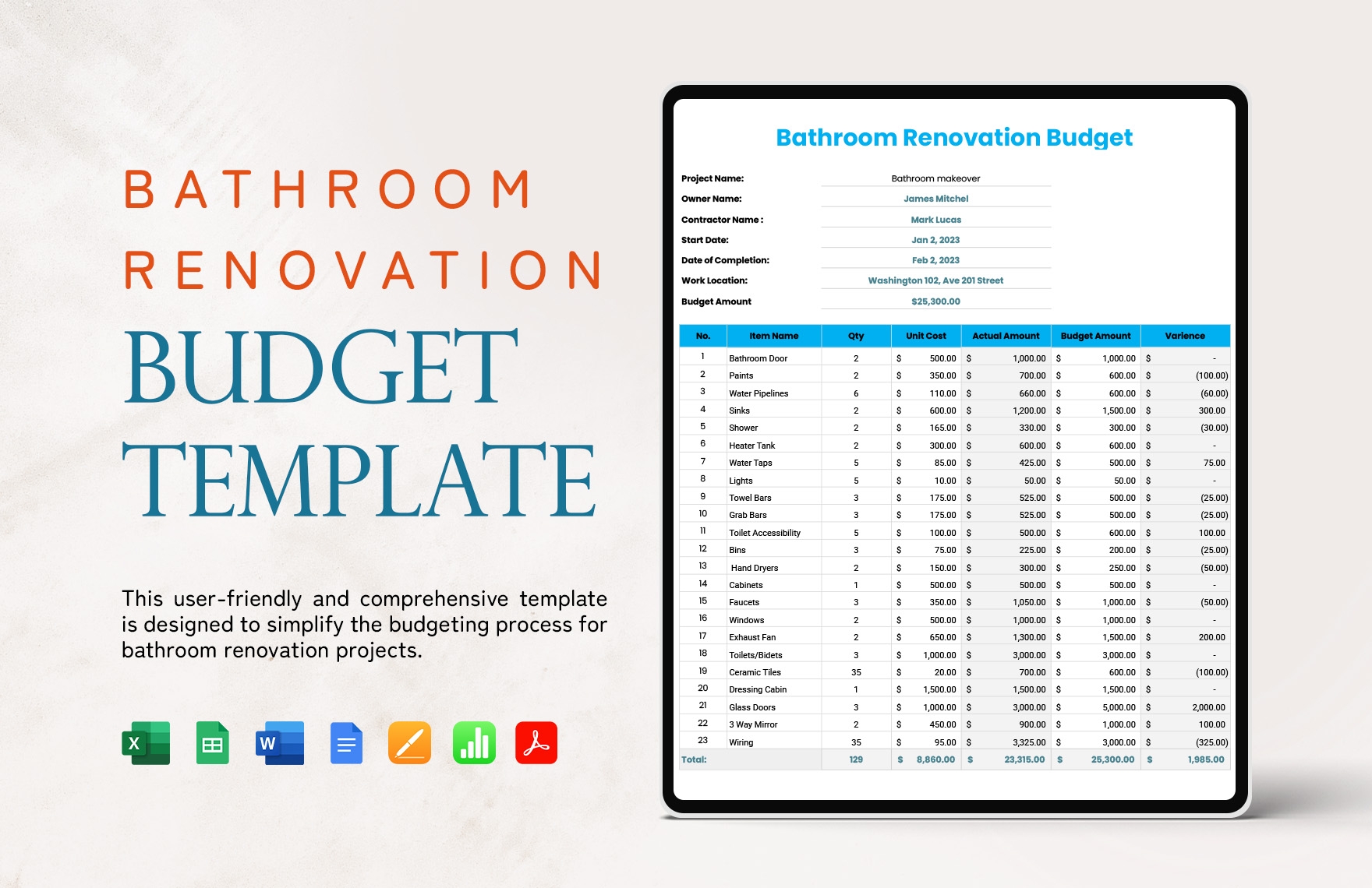 Bathroom Renovation Budget Template In Google Docs Word Pages Apple Numbers PDF Excel Google Sheets Download Template