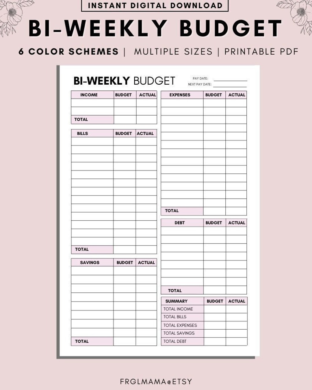 BI WEEKLY Budget Overview Template Printable Paycheck Budget 