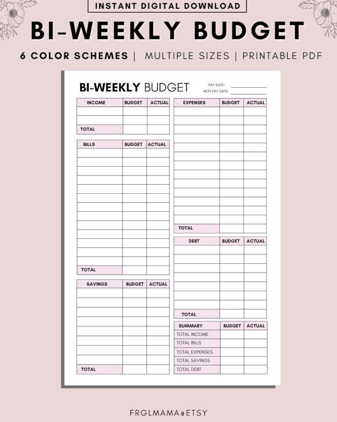 BI WEEKLY Budget Overview Template Printable Paycheck Budget 