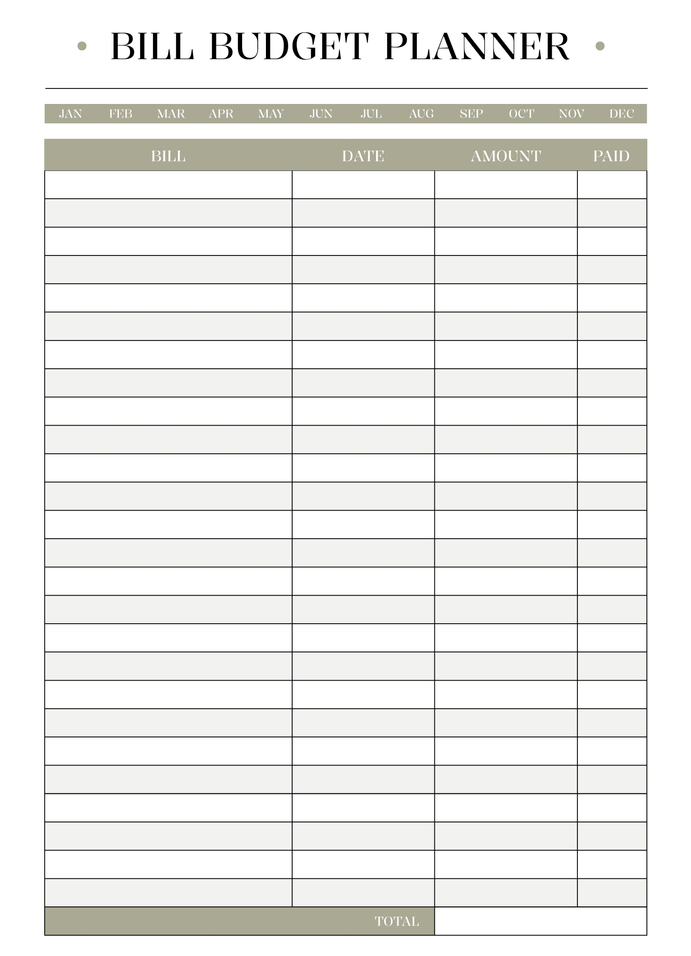 Budget For Bills Template