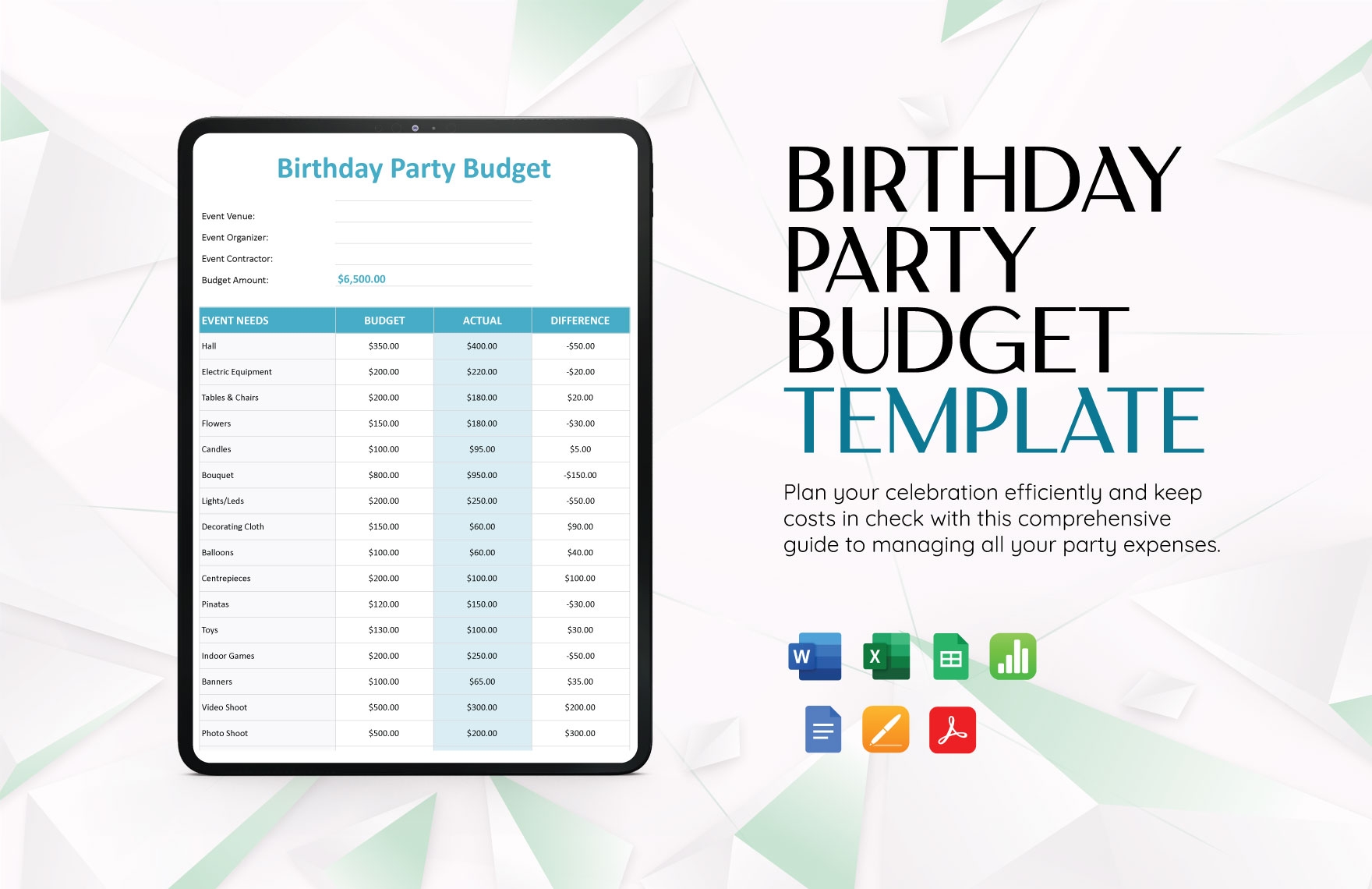 Birthday Party Budget Template In Google Sheets Word Excel Google Docs Apple Numbers Apple Pages PDF Download Template