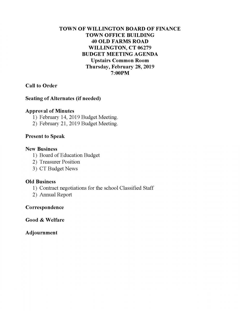 Board Of Finance Budget Meeting Agenda Willington CT