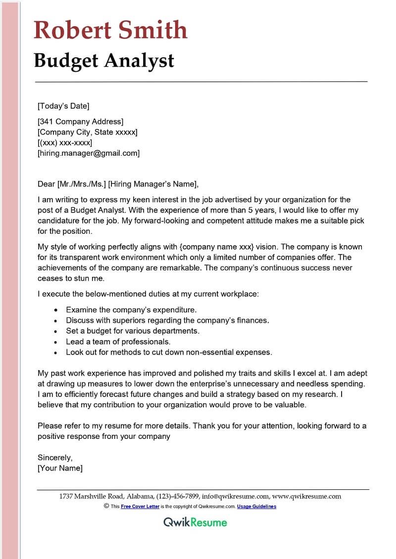 Budget Analyst Cover Letter Examples QwikResume