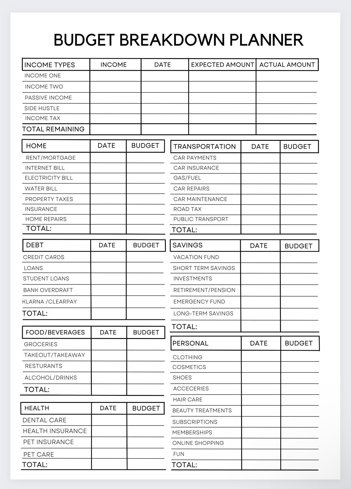 Budget Breakdown Planner financial Planning paycheck Budget finance Binder savings Tracker finance financial Planning biweekly Budget Etsy