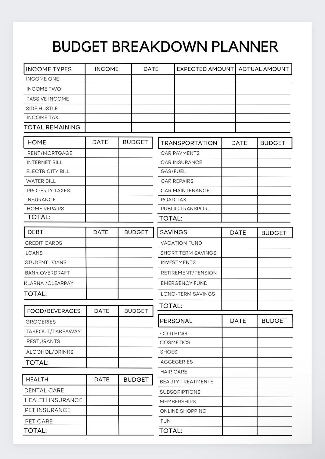Budget Breakdown Planner financial Planning paycheck Budget finance Binder savings Tracker finance financial Planning biweekly Budget Etsy