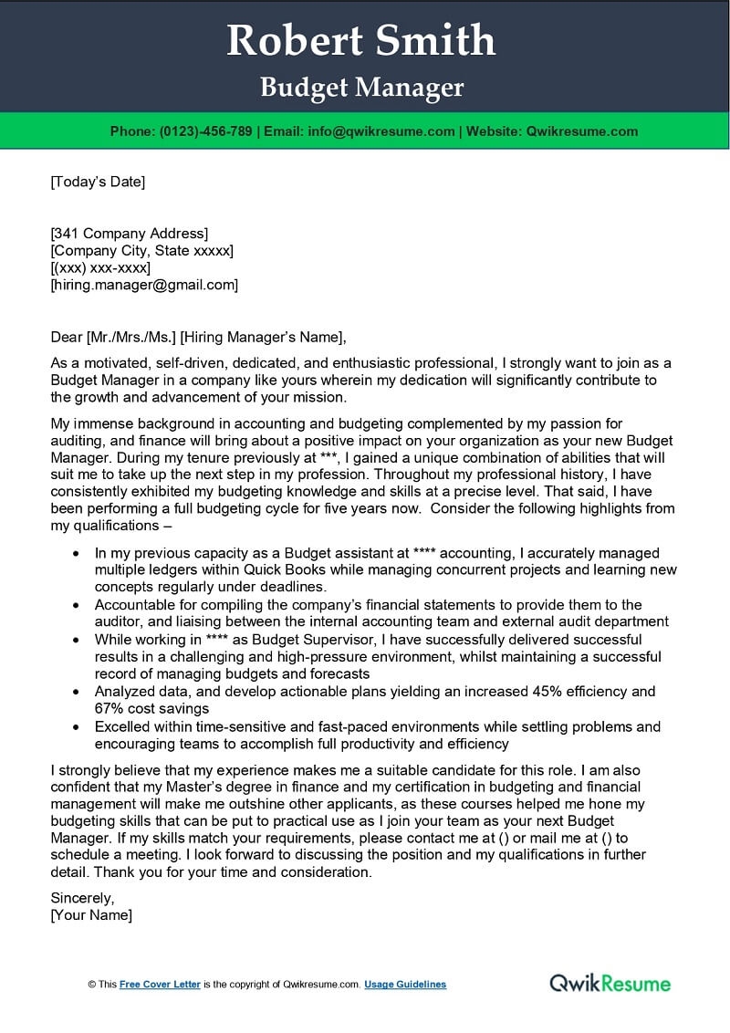 Budget Manager Cover Letter Examples QwikResume