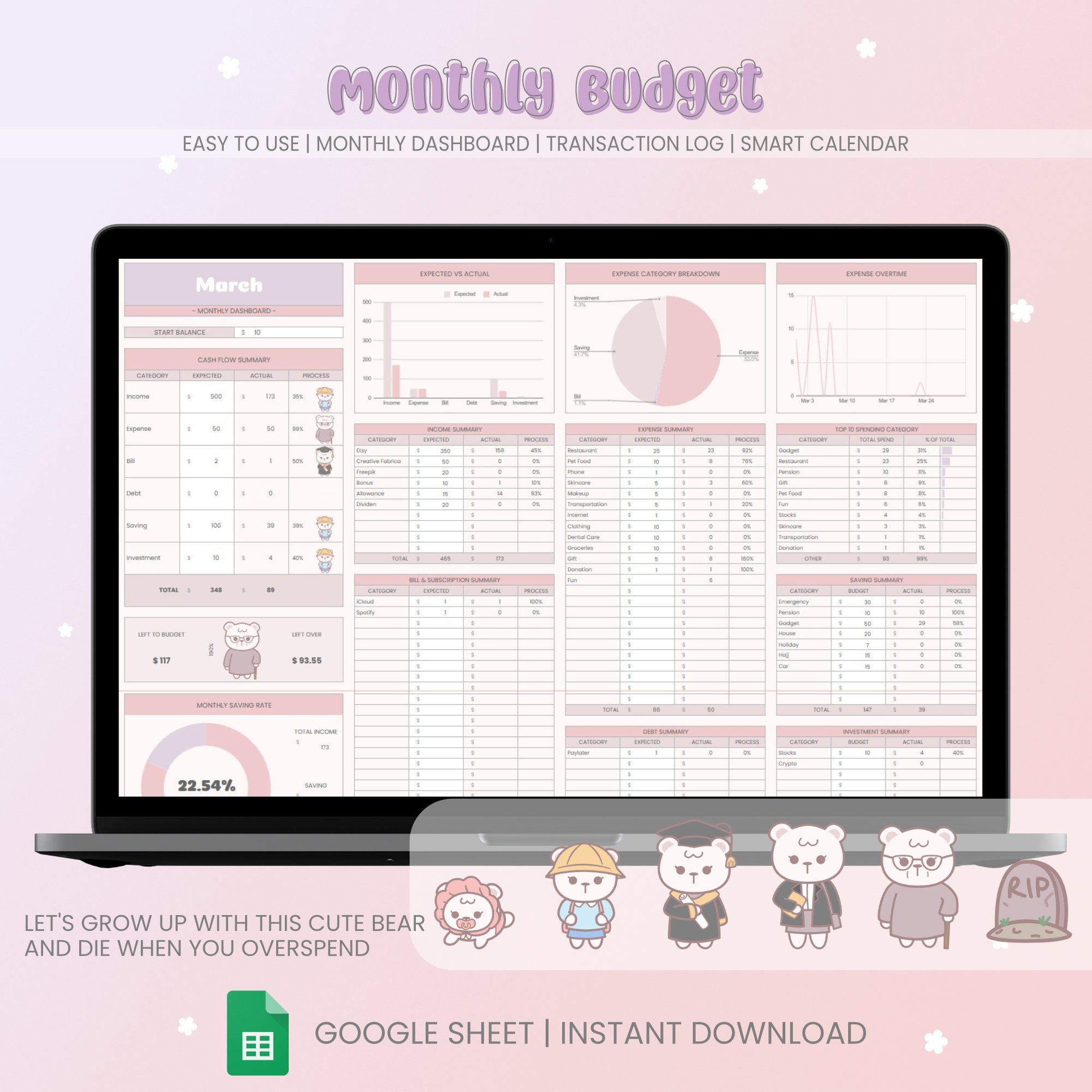 Budget Planner For Google Sheets Monthly Budget Spreadsheet Paycheck Budget Tracker Budgeting Etsy
