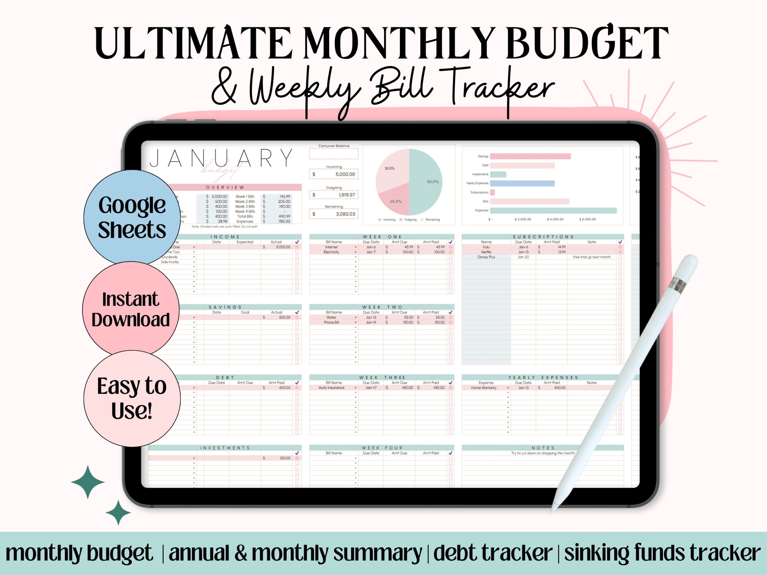Budget Planner For Google Sheets Monthly Budget Spreadsheet Paycheck Budget Tracker Weekly Budget Tracker Bill Tracker Debt Payoff Tracker Etsy