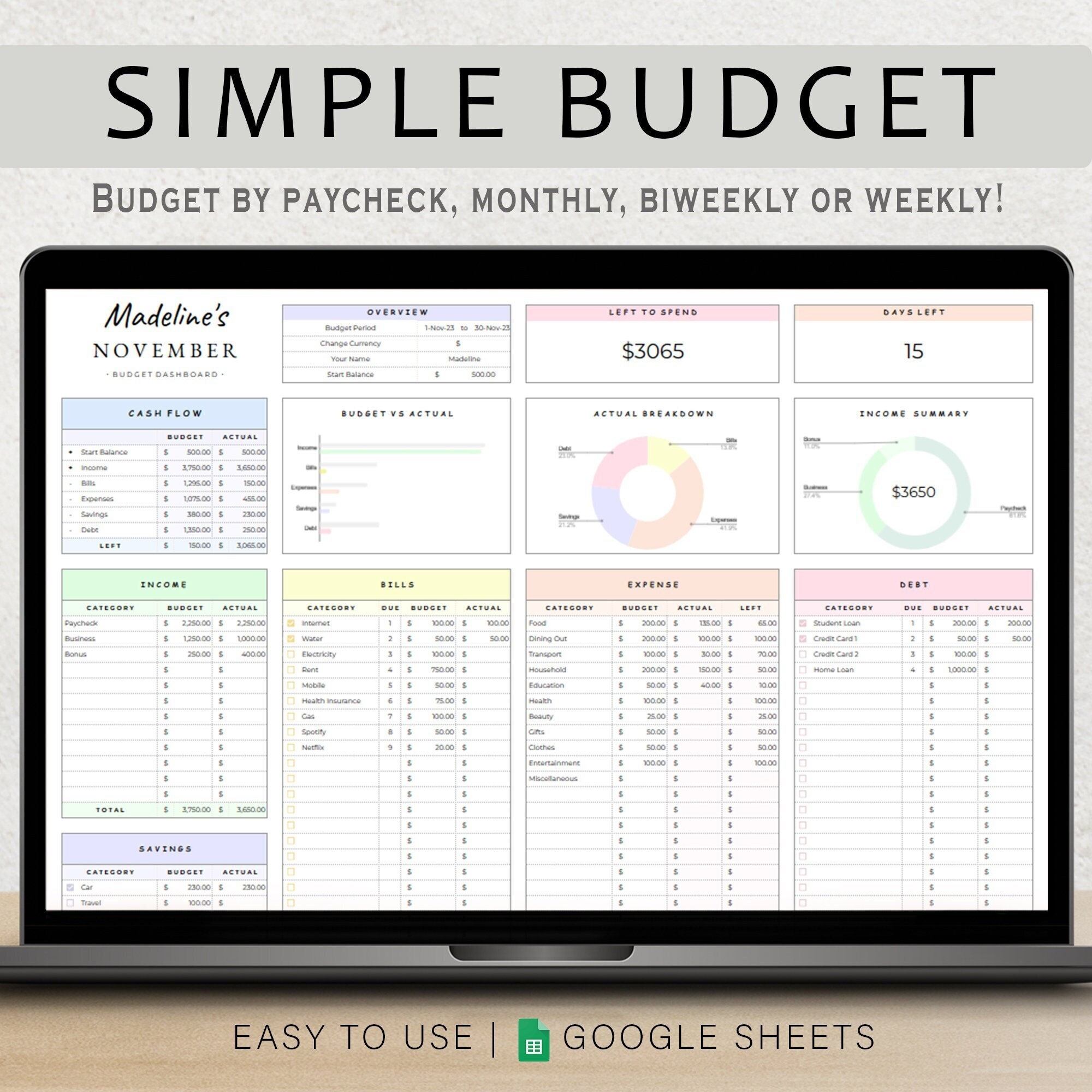 Budget Planner Google Sheet Monthly Budget Spreadsheet Paycheck Budget Template Simple Weekly Financial Planner Beginners Biweekly Budgeting Etsy