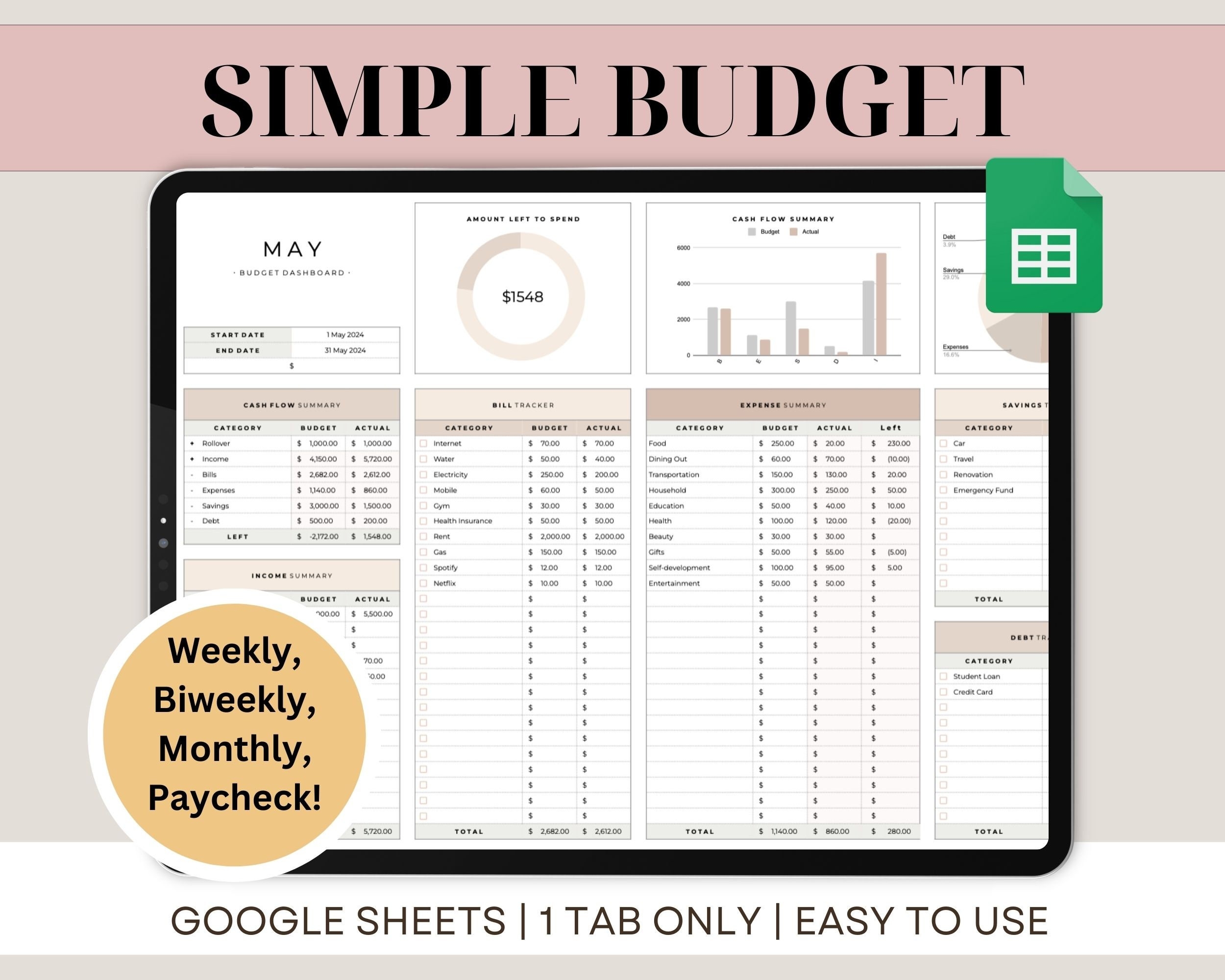 Budget Planner Google Sheets Monthly Budget Spreadsheet Paycheck Budget Template Simple Weekly Financial Planner Biweekly Expense Budgeting Etsy