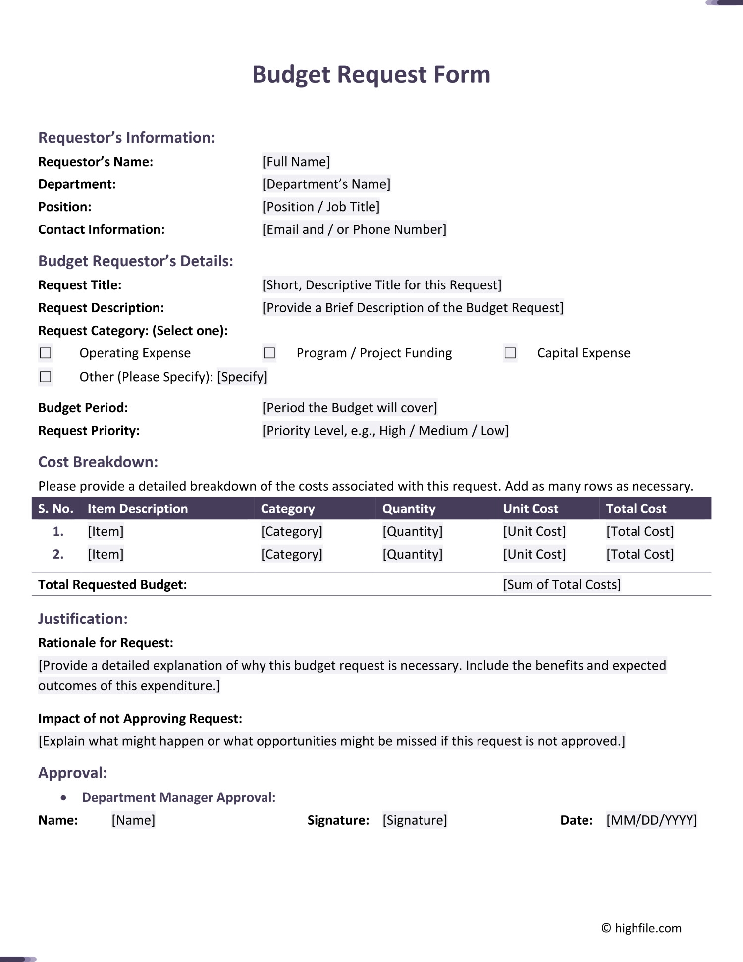 Budget Request Form Word PDF Google Docs Highfile