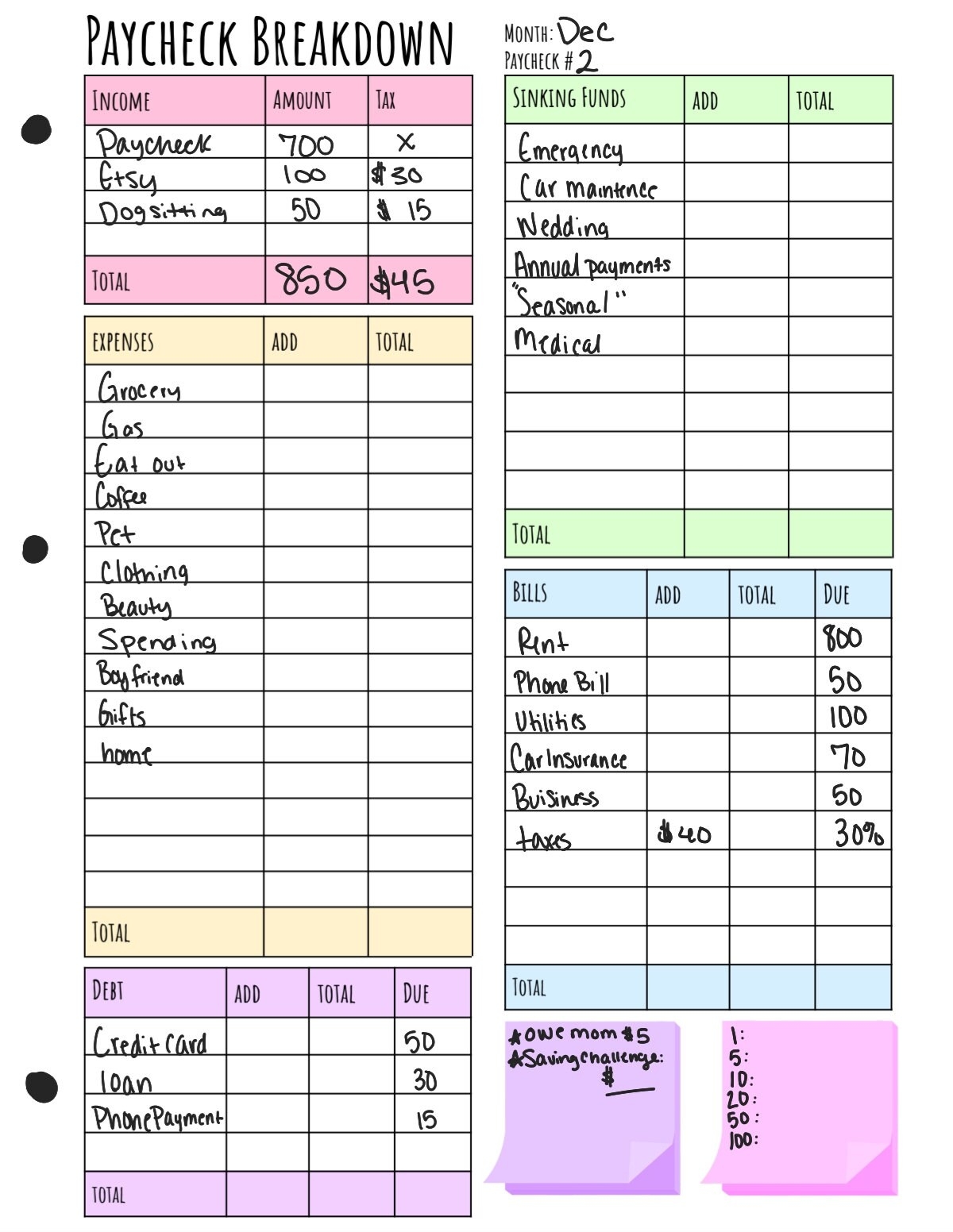 Budget Sheet Paycheck Breakdown Printable Digital PDF Template BLANK Color And Blacku0026white Etsy