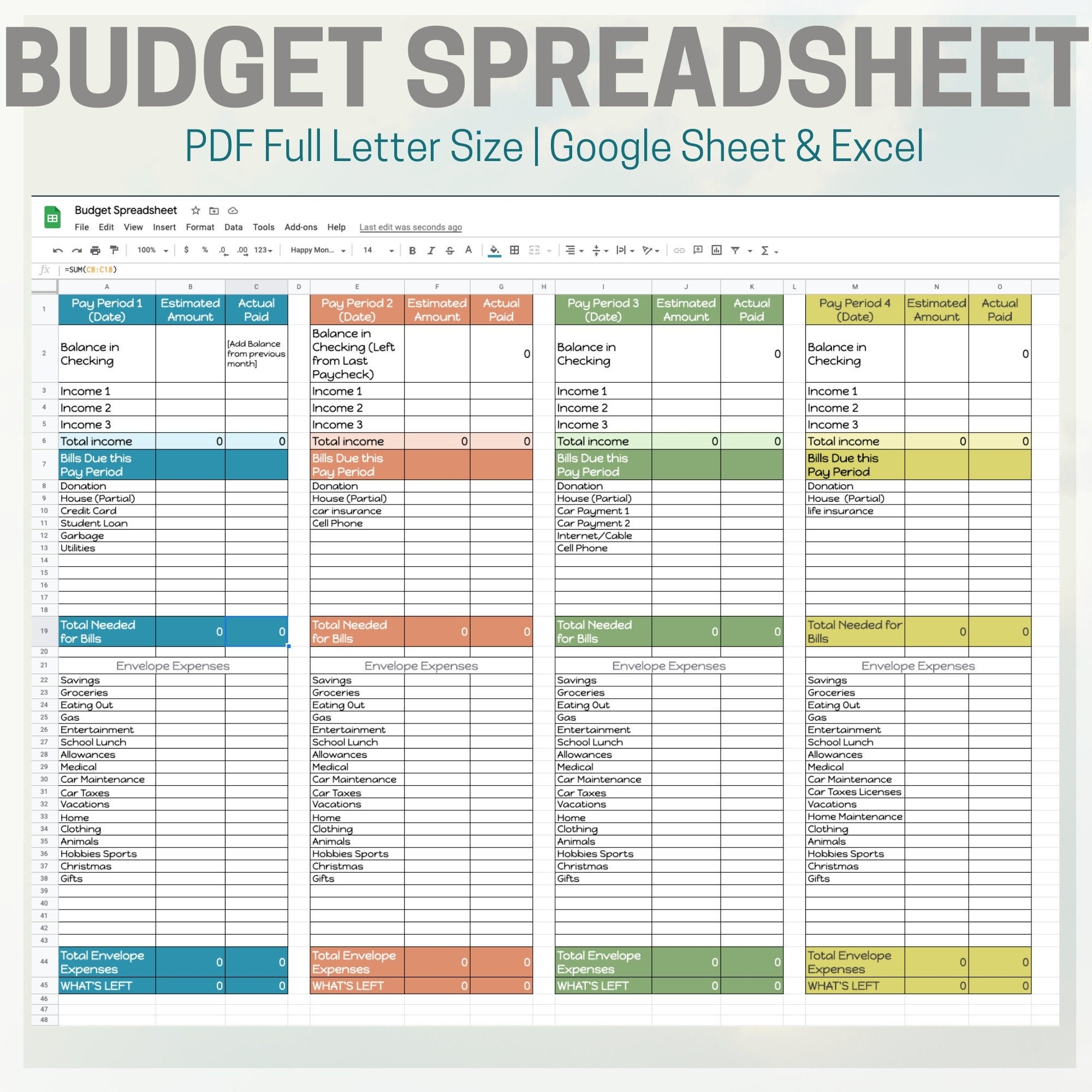 Budget Spreadsheet Google Sheet And Excel AND Printable PDF Etsy