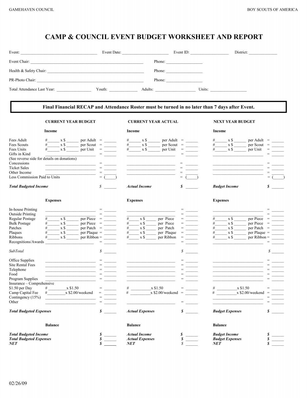 Camp U0026 Council Event Budget Worksheet And Report Gamehaven 