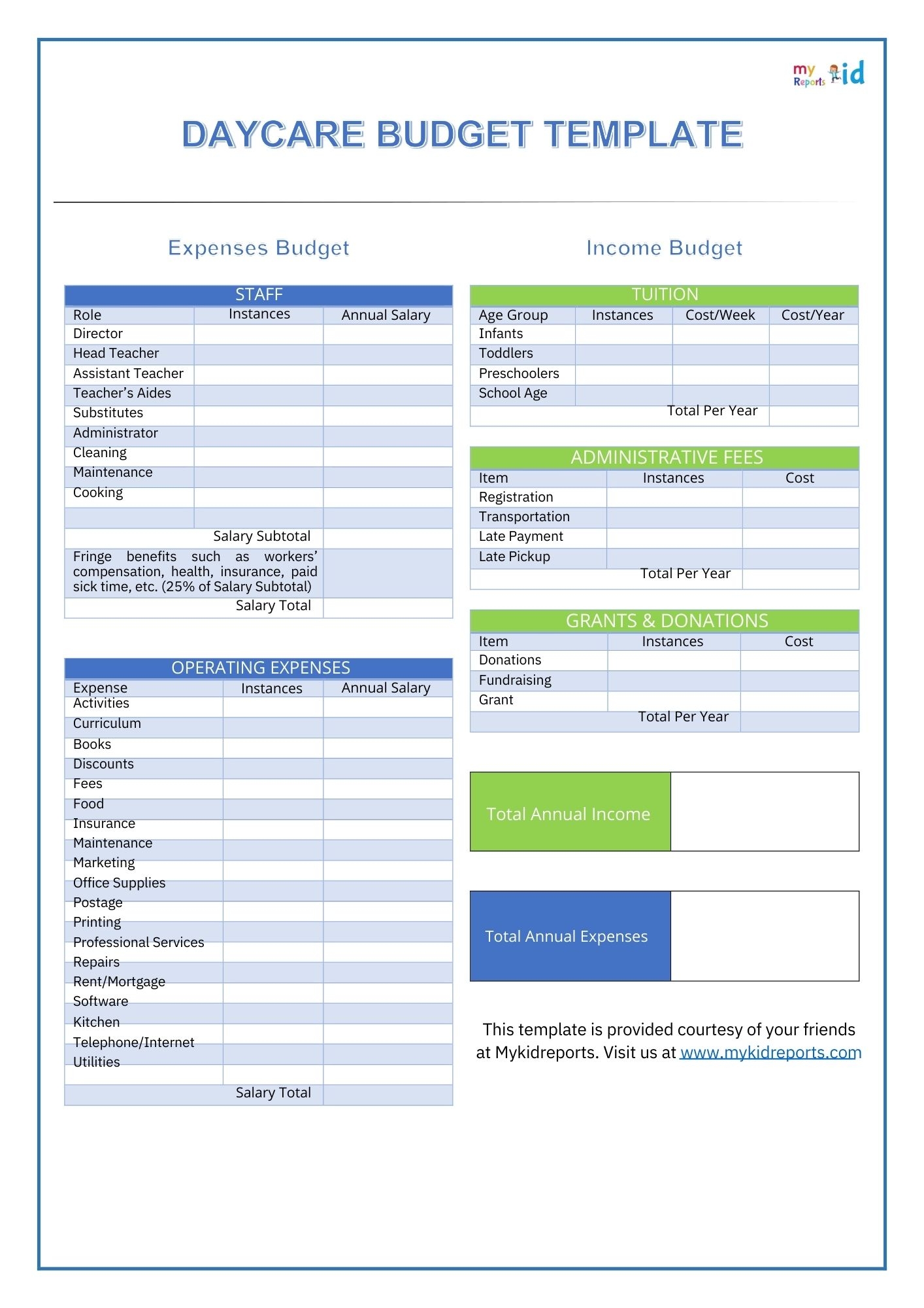 Daycare Monthly Budget Template
