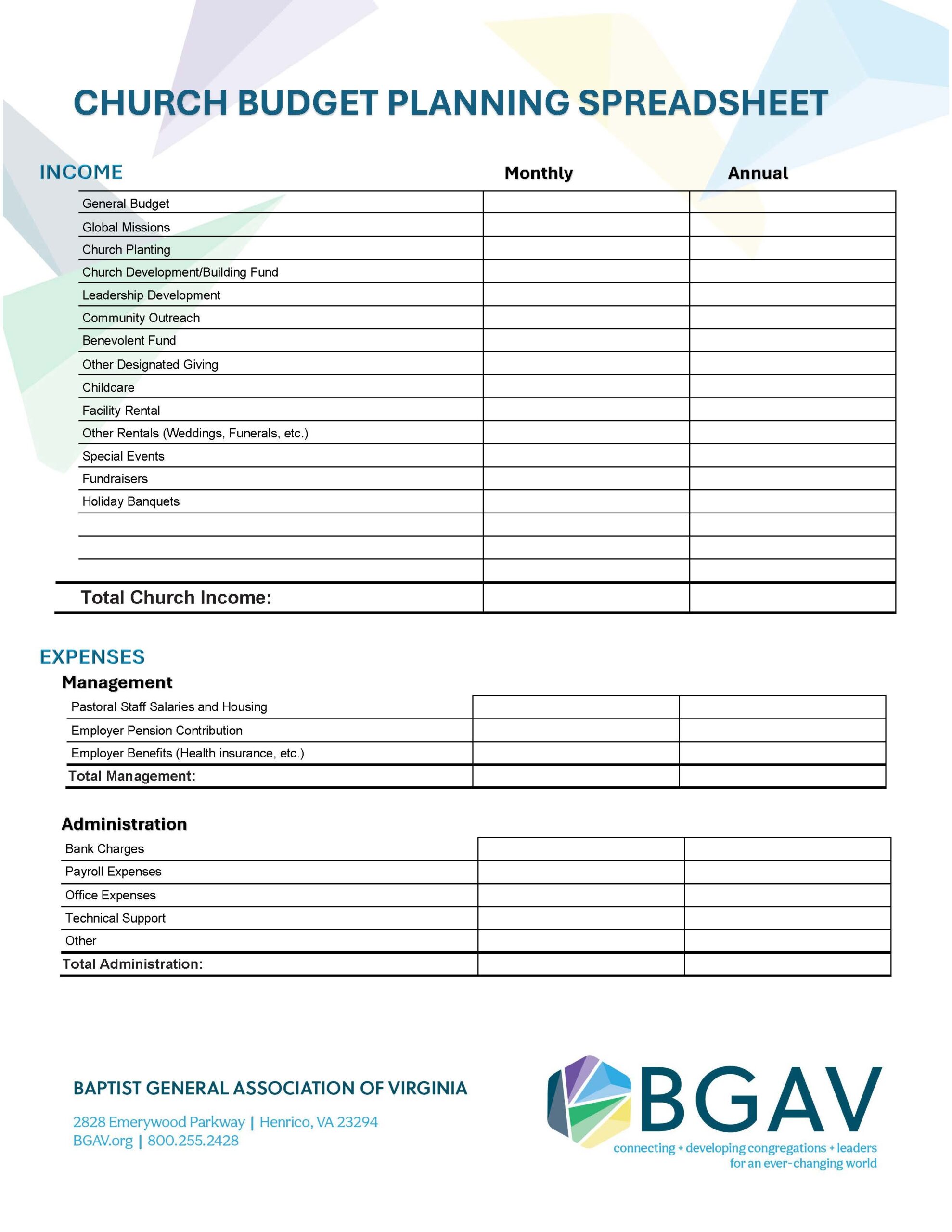 Church Budget Planning Spreadsheet