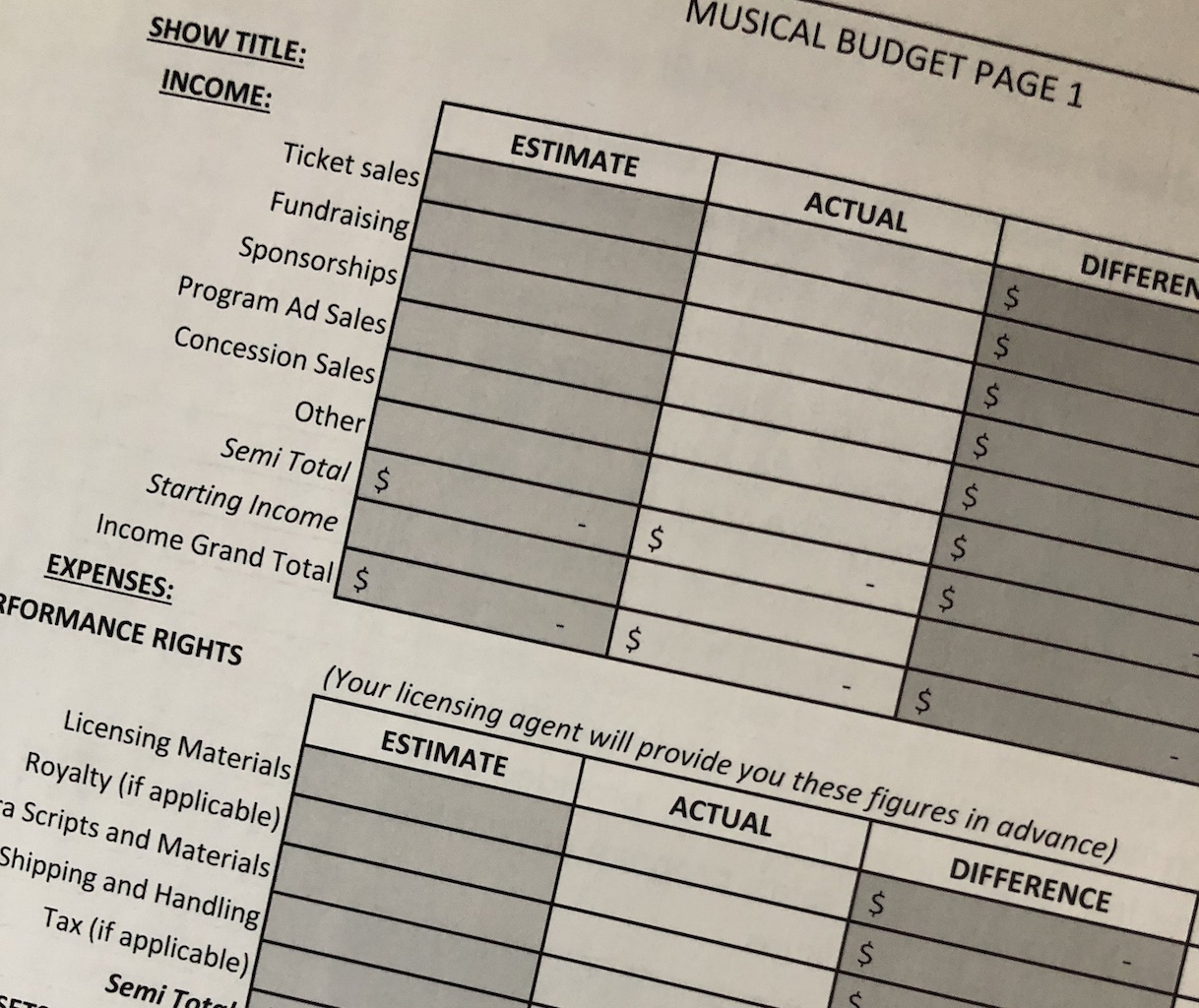 Budget For Theatre Production Templates
