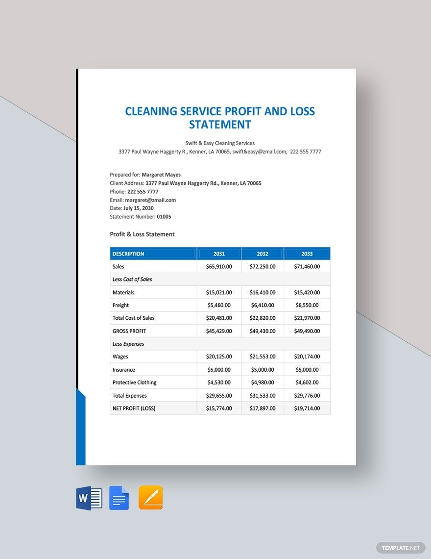 Cleaning Service Profit And Loss Statement Template In Word Google Docs Download Template