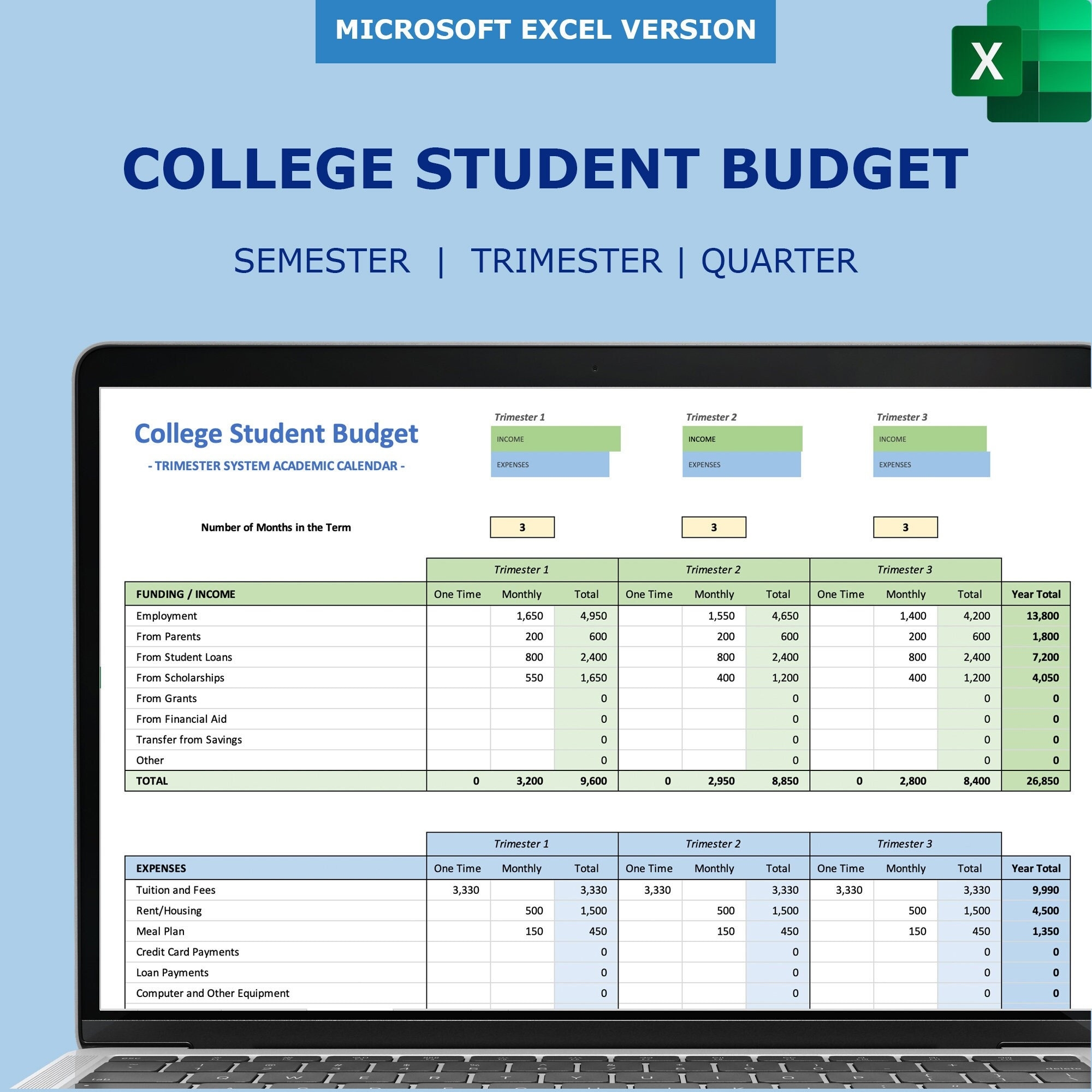 College Student Budget Planner Excel Semester Trimester Quarter 