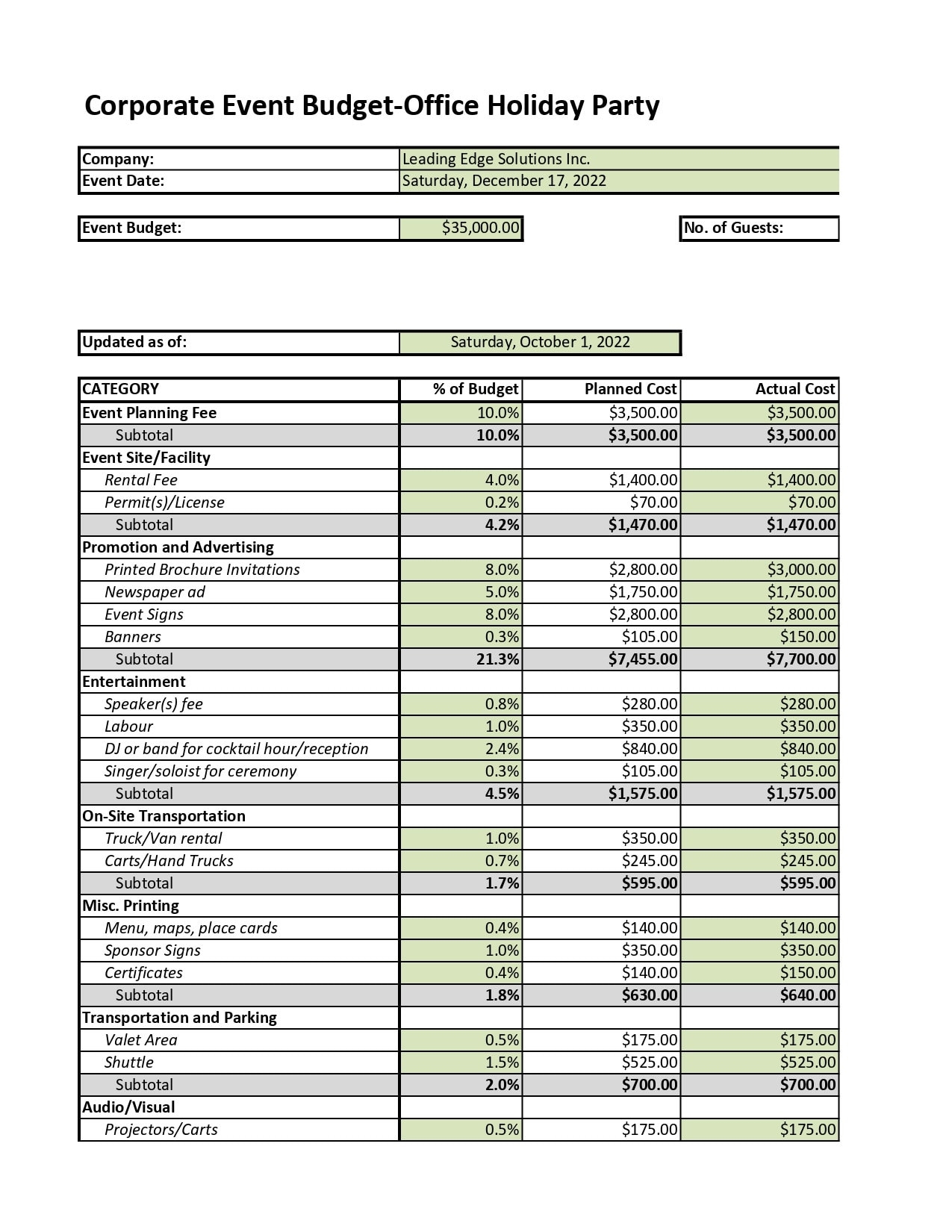 Corporate And Private Holiday Event Budget Template Professional 