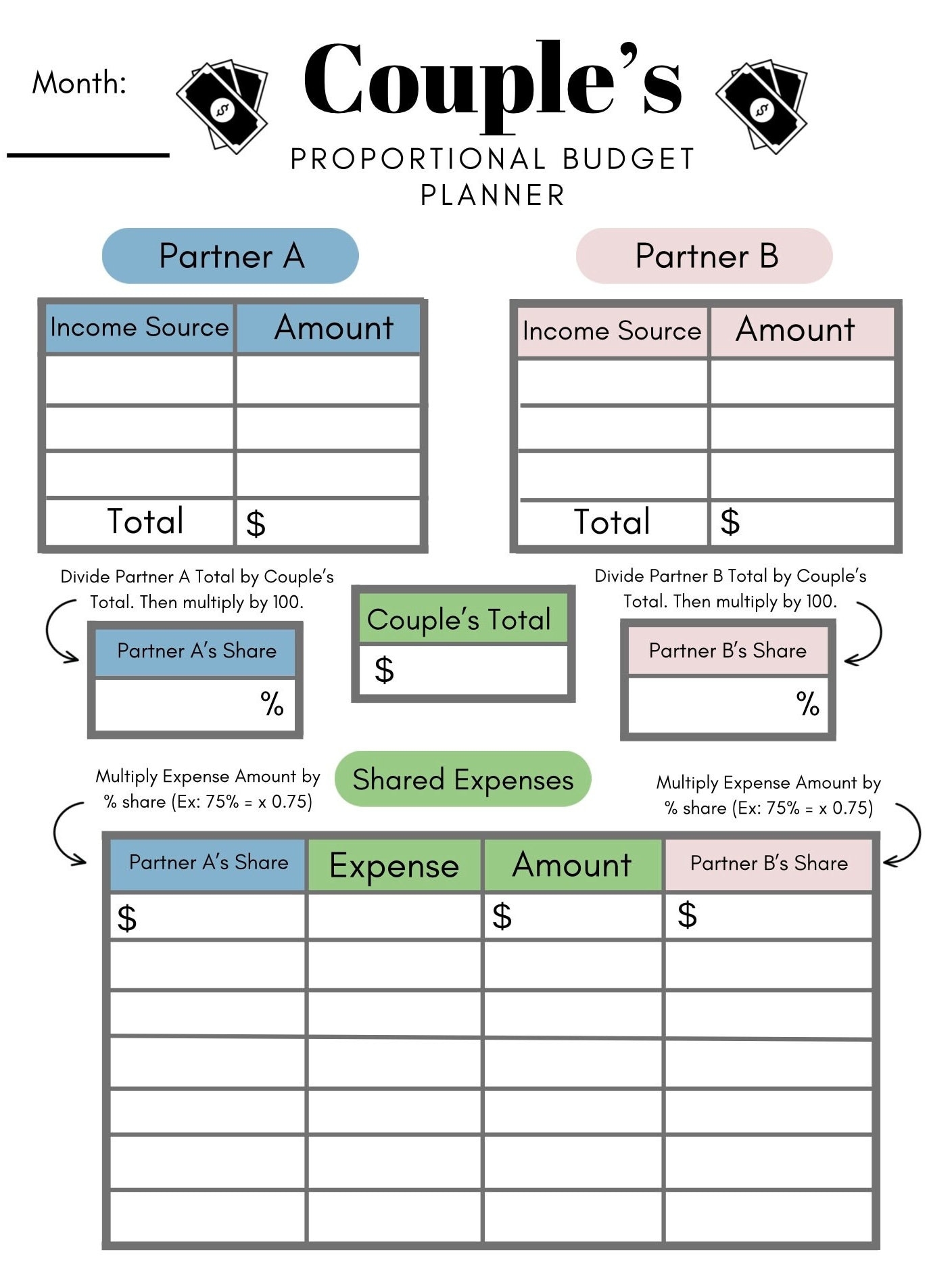 Couple s Proportional Budget Planner Digital Printable Download For Shared Expenses Etsy