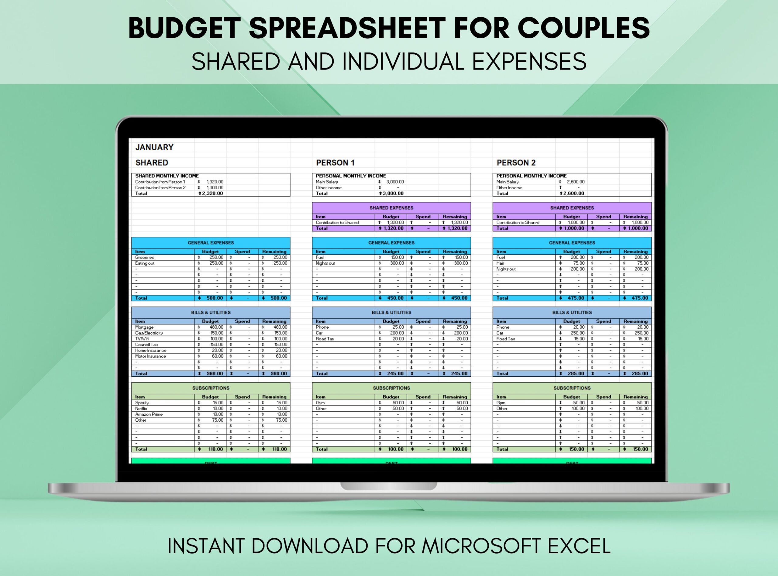 Couples Budget Spreadsheet Monthly And Annual Summary Shared U0026 Individual Expense Tracker Digital Download Excel Etsy