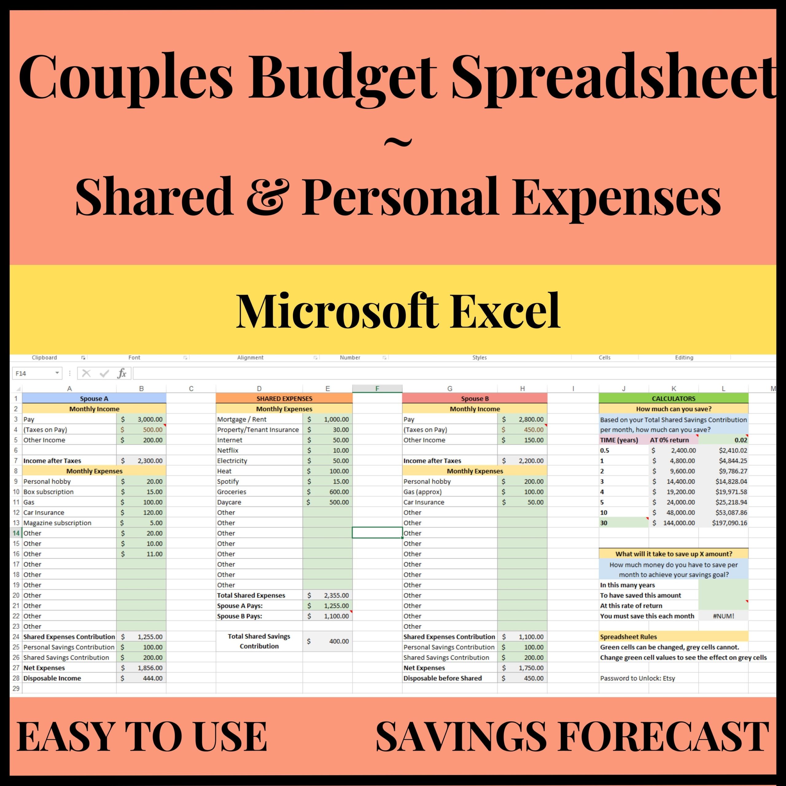 Couples Budget Spreadsheet Shared And Personal Expense Tracker 